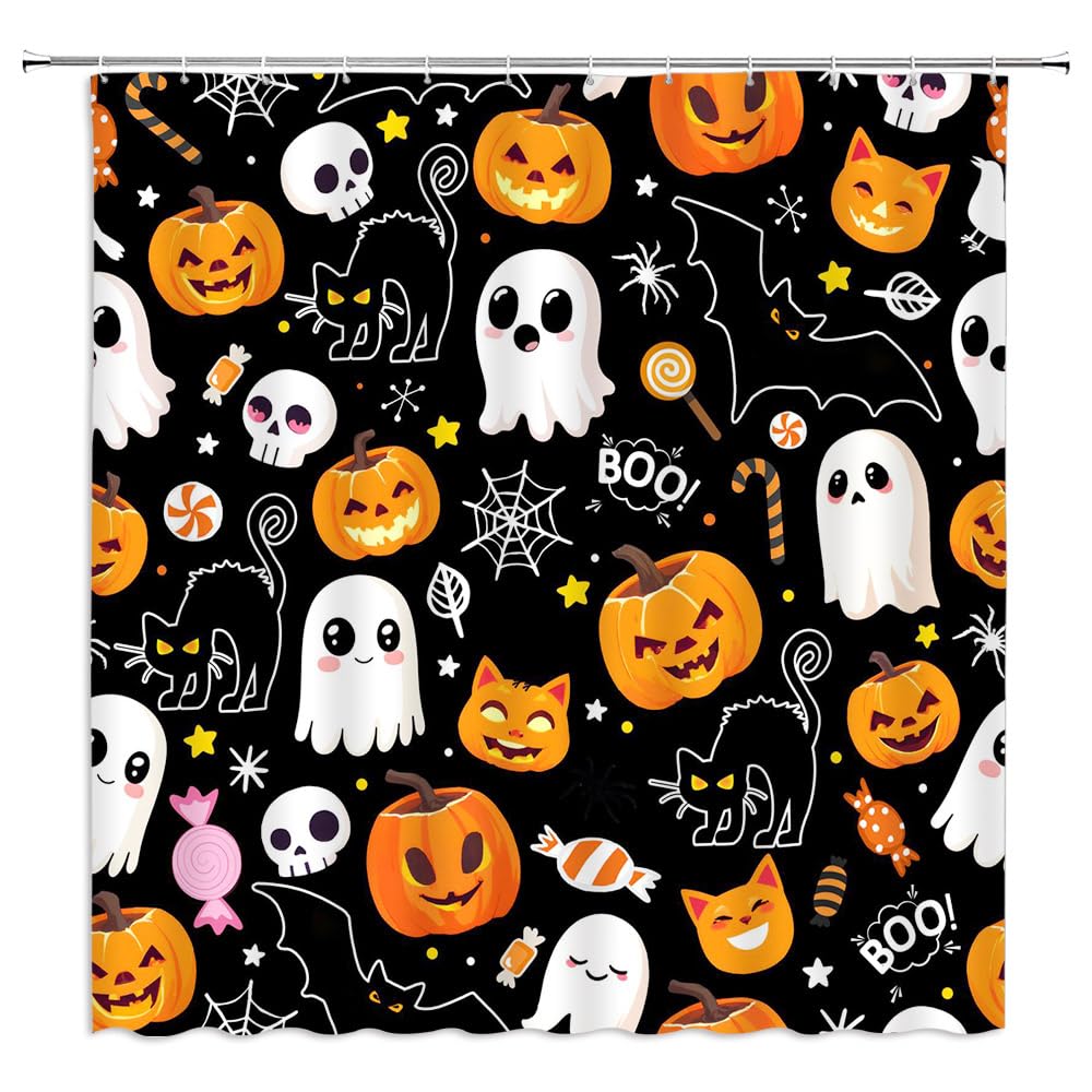 YSSFAV Halloween Ghost Shower Curtain Cute Halloween Spooky Pumpkin Black Cat Bat Spider Bathroom Decor Curtains Set with Hooks, 70" W x 70" H