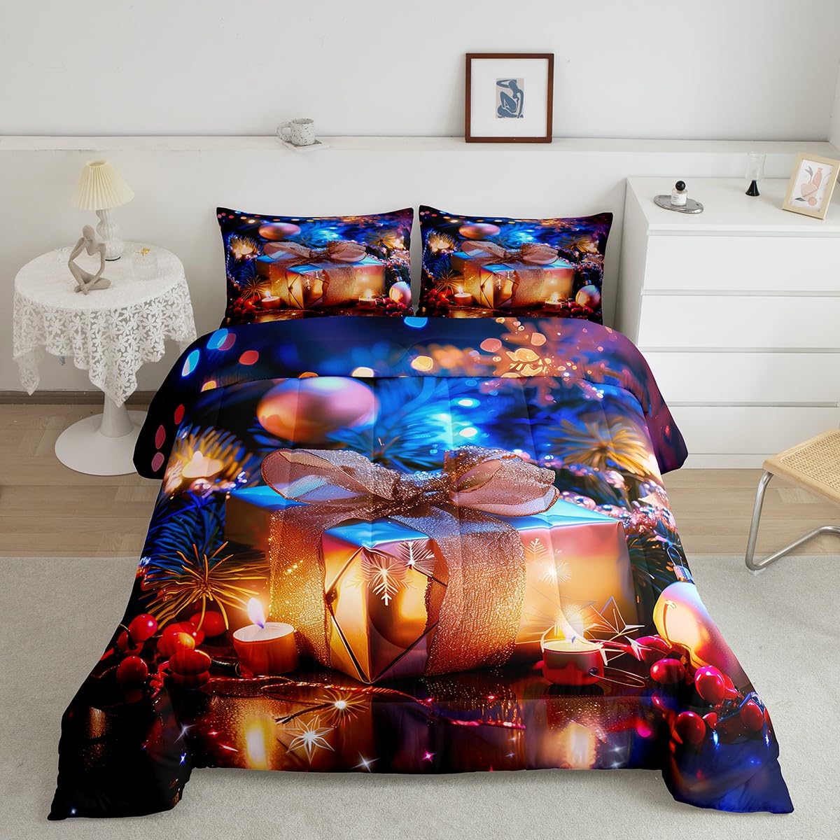 Erosebridal Merry Christmas Bedding Sets 7 Piece Twin 3D Festival Box Comforter Set Dreamy Starlight Quilt with Flat Fitted Sheet for Girls Women Xmas Decoration Bed in A Bag