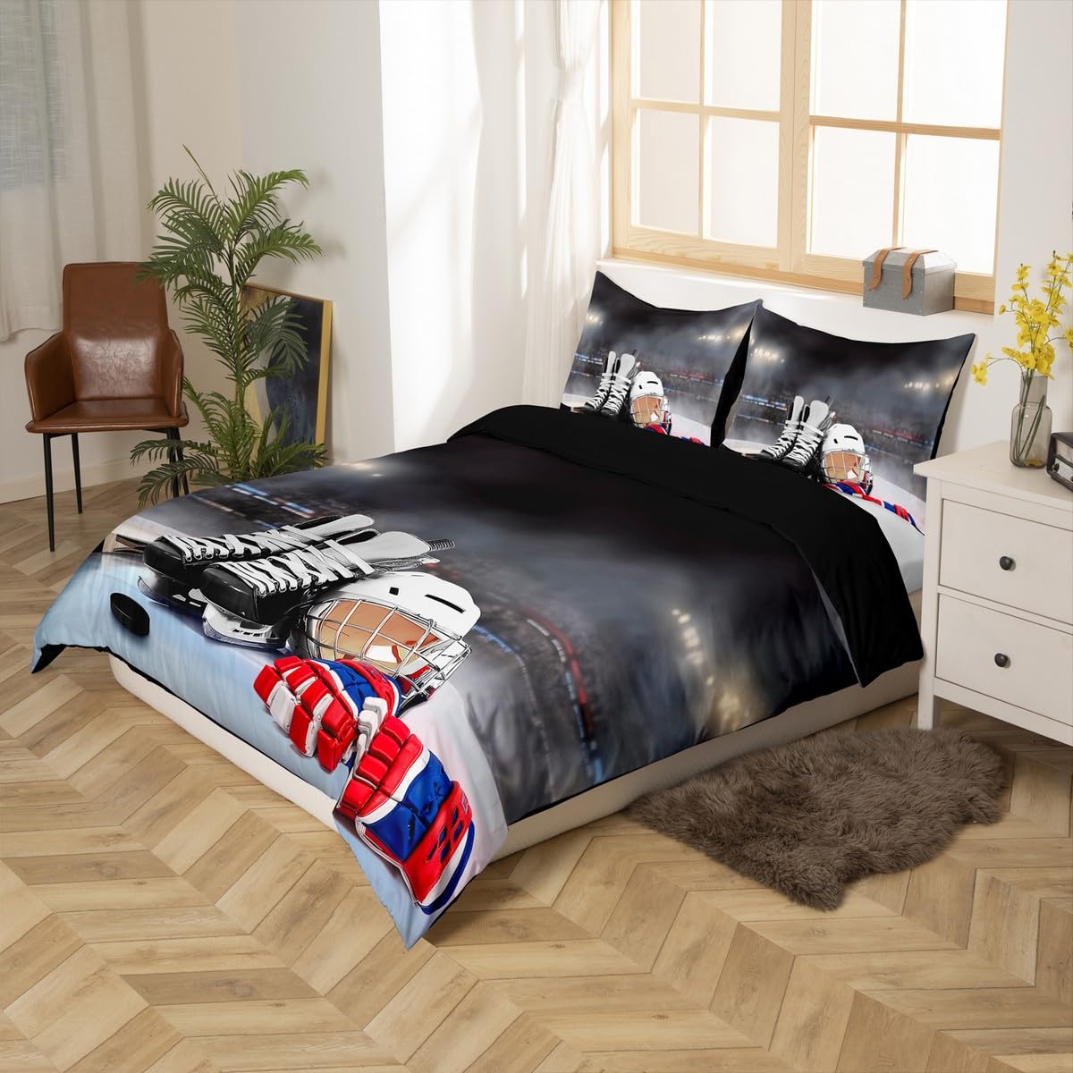 Erosebridal Ice Hockey Bedding Set Full Hockey Player Duvet Cover for Kids Boys Girls Teens Juvenile Sports Game Comforter Cover Set Soft Microfiber Winter Sports Bedroom Decorative, Zipper