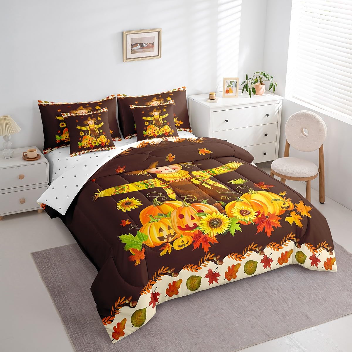 Erosebridal 7 Piece Fall Decor Bed in a Bag for Girls Women Thanksgiving Day Gifts,Autumn Harvest Themed Sheet Set Fall Season Bedding Comforter Rustic Farm Maple Leaf Pumpkin Cushion Covers Twin