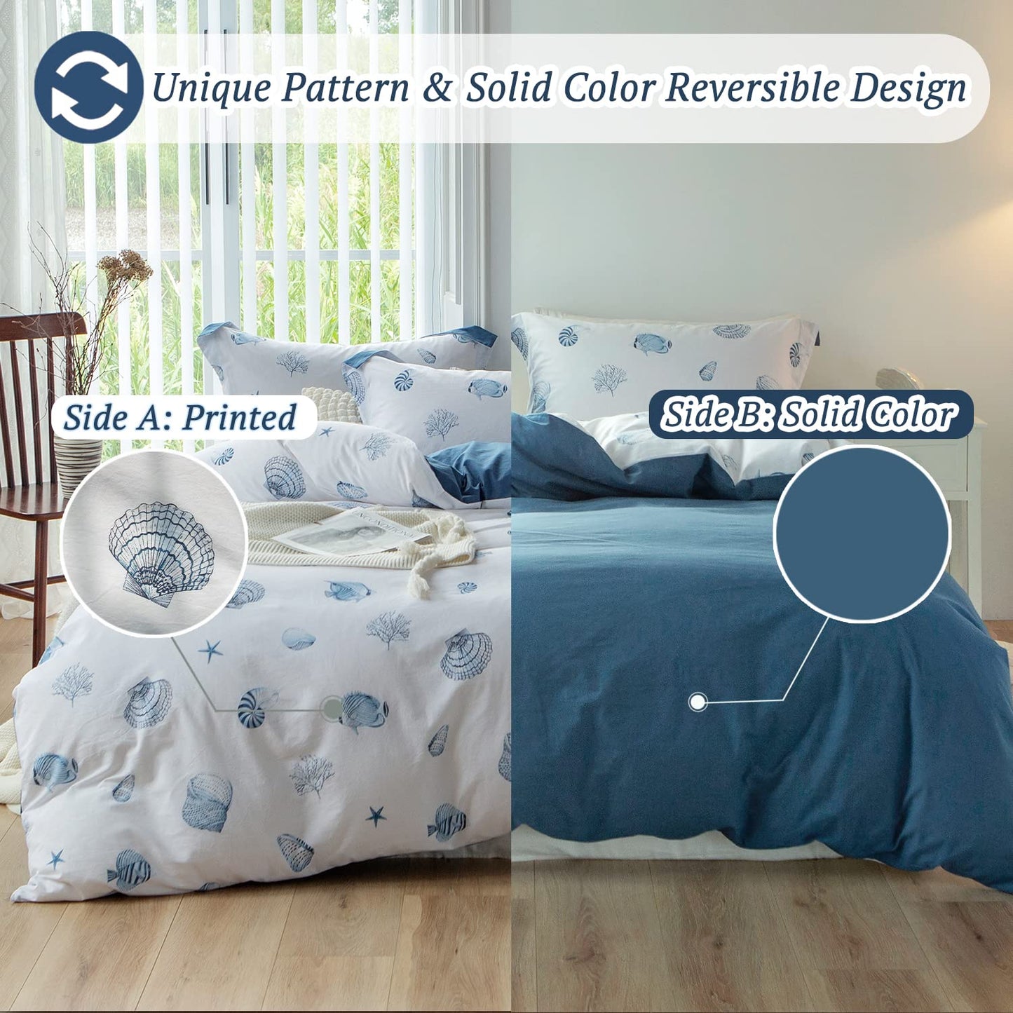 MILDLY Blue Seashell Pattern Duvet Cover Set Nautical Comforter Cover 3pcs