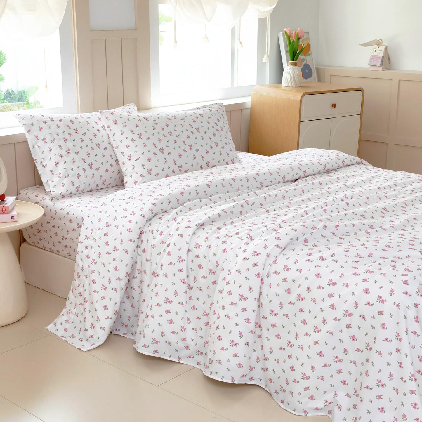 MICORAL Boho Floral Queen Sheet Set, 4-Piece Printed Botanical Bed Sheets, 16" Deep Pocket, Ultra Soft & Cooling Sheet, Oeko-TEX Certified, Pink Cute Flower