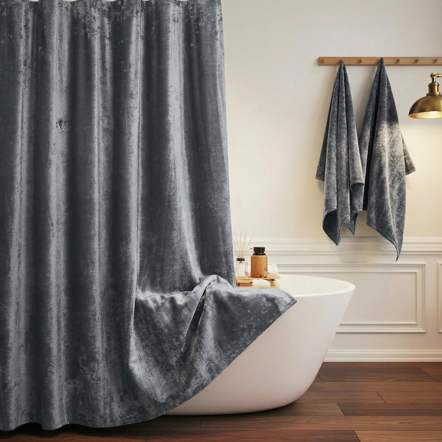 TAMGHO Crushed Velvet Shower Curtain, Grey, 72x72 Inches, Waterproof Gray Velvet Fabric with Nickel Hooks, Machine Washable