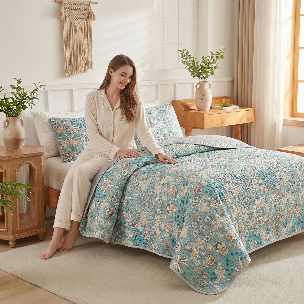 Andreannie Boho Style Quilts King Size Bedding Set Quilted Bedspread Bohemian Floral Soft and Lightweight Bedspread for All Season, Bedding Coverlet with 2 Matching Pillow Shams (3 Pieces)