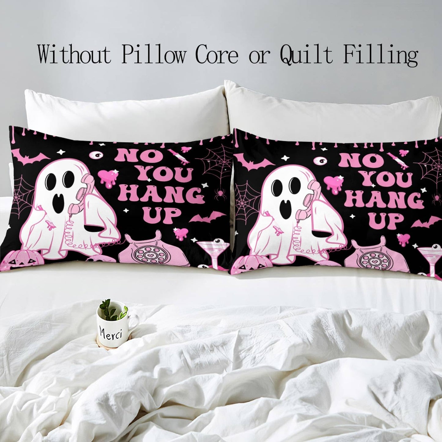 LUVIVIHOME 3PCS Cute Pink Ghost Duvet Cover Queen Bedding Sets, Girls Boys Kids Bedding, Black Duvet Cover, Funny Spooky Pumpkin Skull Bat Spider Web Eyeballs Halloween Comforter Cover, 2 Pillow Cases