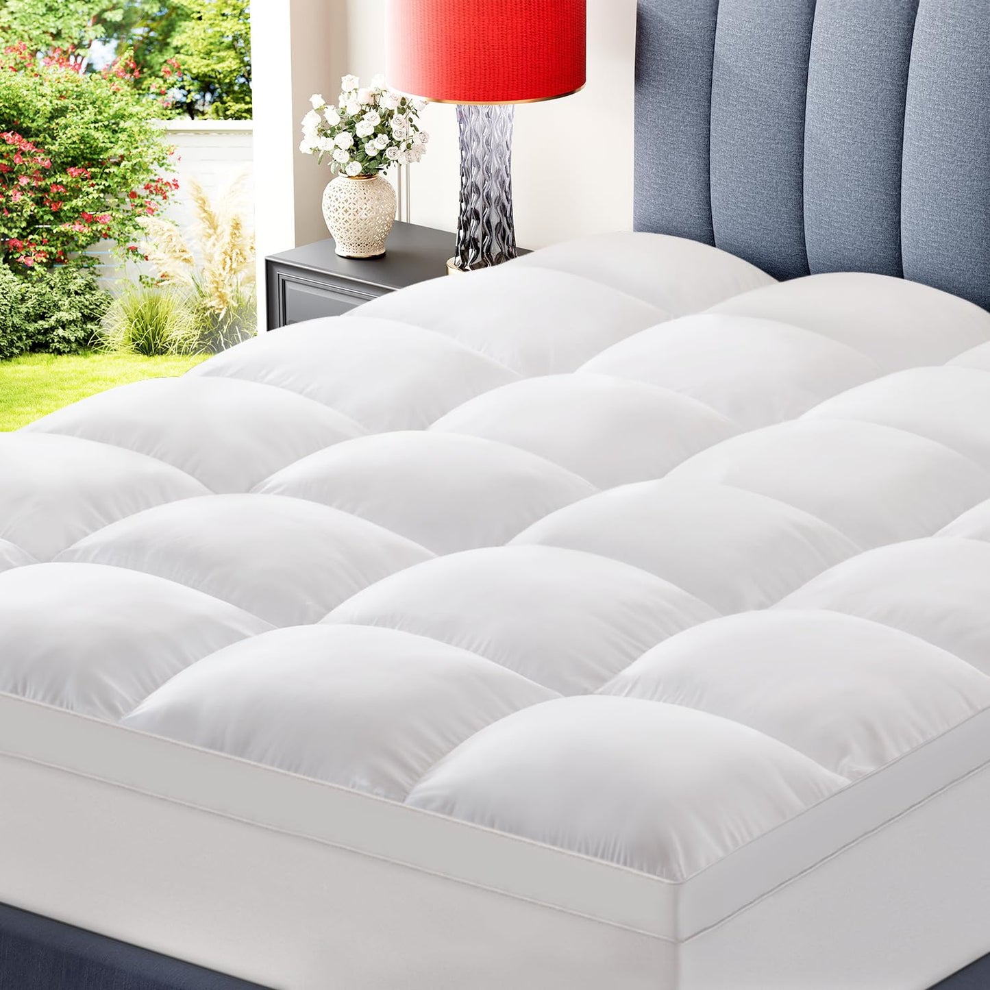 Topllen Queen Mattress Topper for Back Pain Relief – Extra Thick Pillow Top Plush Mattress Pad with Deep Pocket, Soft Pillowtop Queen Size Bed Toppers Filled Fluffy Down Alternative, White