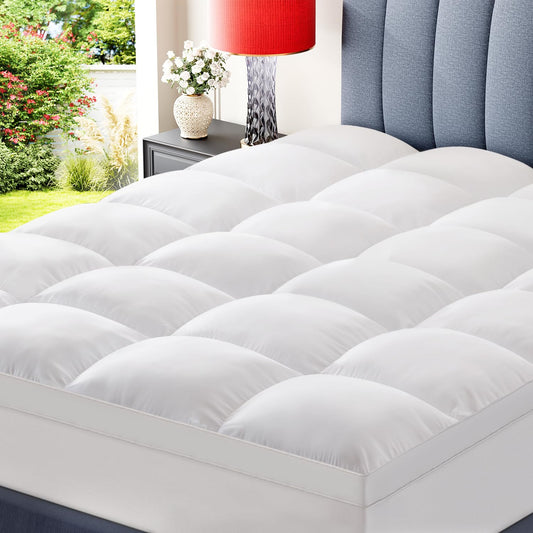 Topllen Queen Mattress Topper for Back Pain Relief – Extra Thick Pillow Top Plush Mattress Pad with Deep Pocket, Soft Pillowtop Queen Size Bed Toppers Filled Fluffy Down Alternative, White