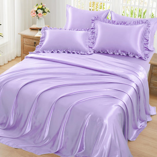 Homiest Ruffled Satin Sheets Full Size 6pc Set - Lavender Purple Bed Sheet Set with 15 Inch Deep Pocket Fitted Sheet, 1 Flat Sheet, 2 Ruffled Pillow Shams & 2 Pillowcases, Similar to Silk Sheets