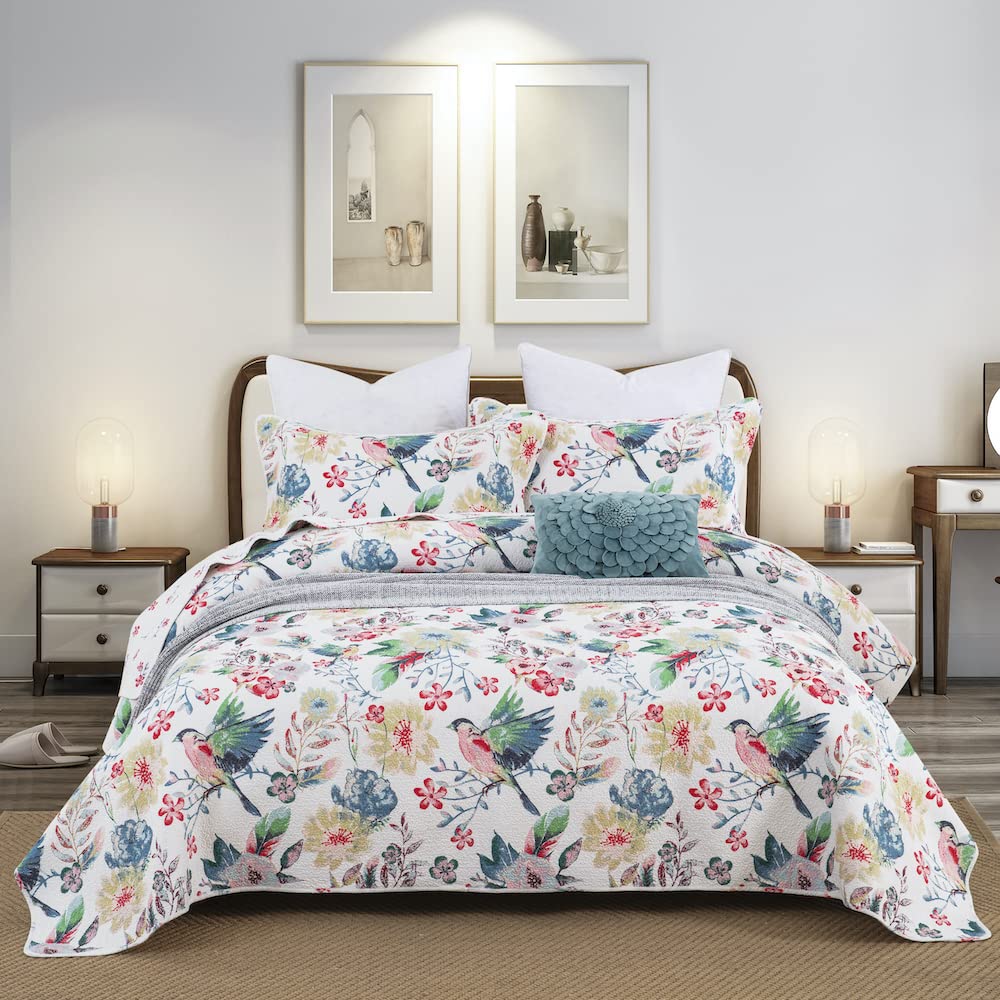 DAUAOTO Cotton Quilt Set Queen Size,Bed Coverlet Reversible Bedspread (Pattern Bird & Floral)