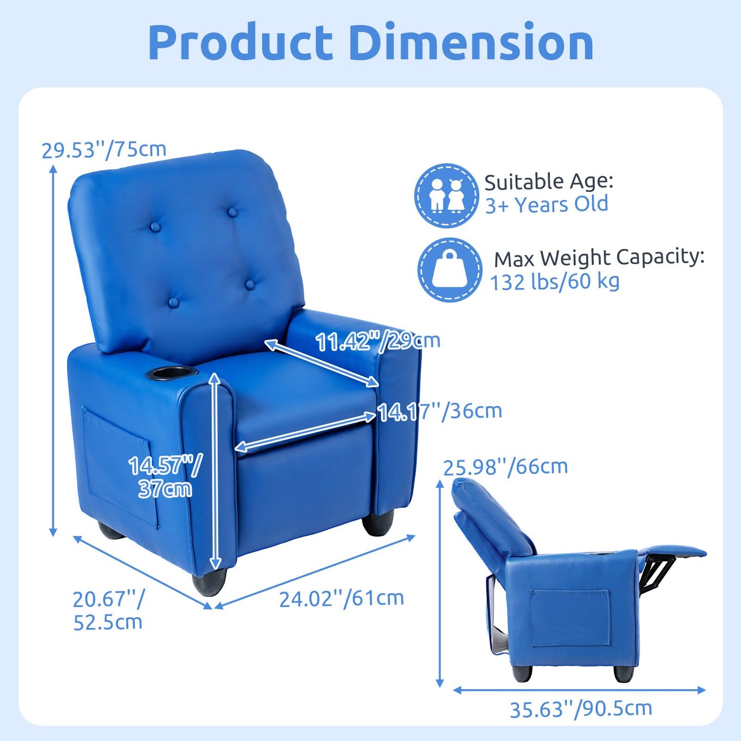 INFANS Kids Recliner, Toddler Lounge Chair with Adjustable Backrest Footrest Cup Holder Side Pockets, PU Leather Toddler Couch