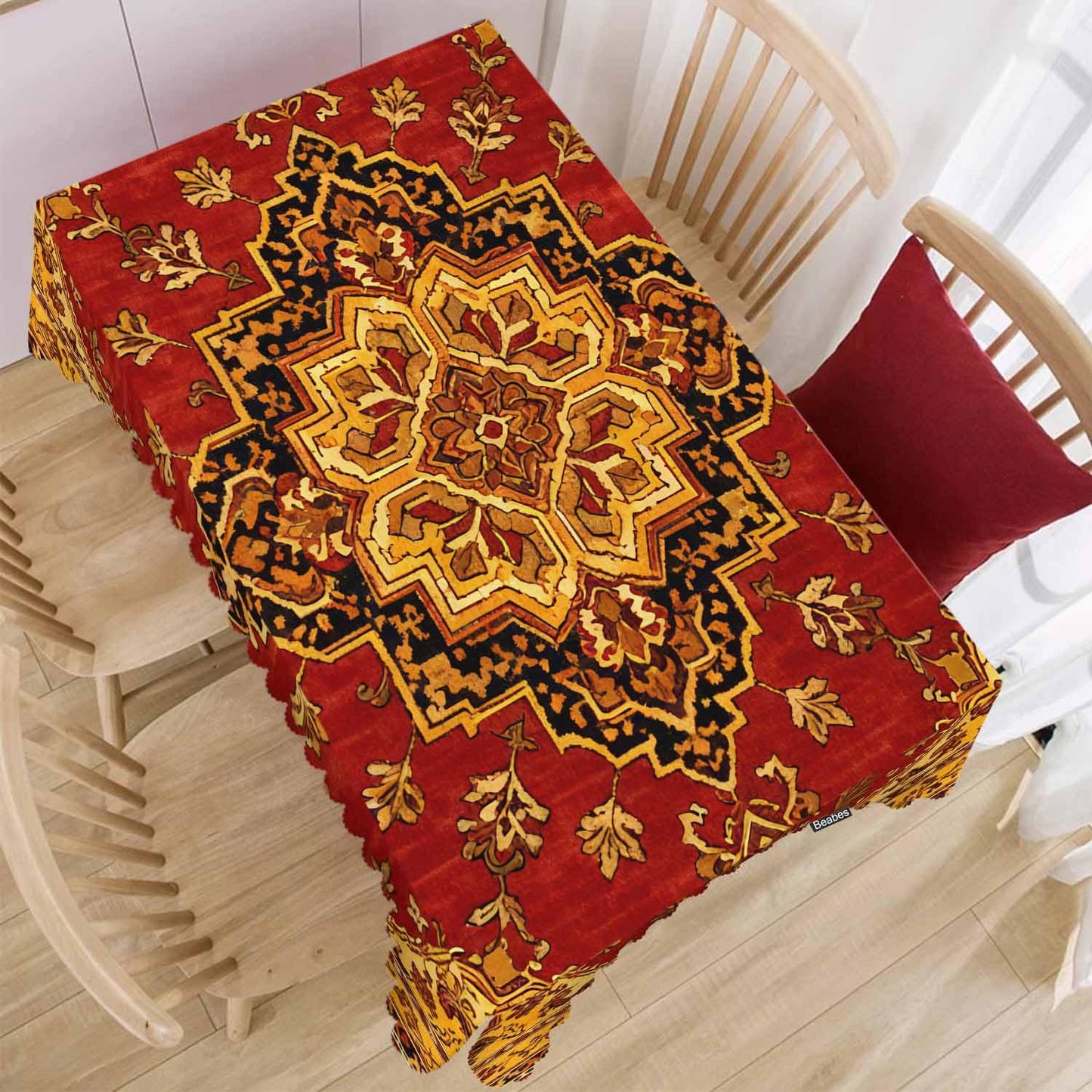 Beabes Rug Dinner Tablecloth Table Cover, Geometric Bohemian Style Carpet Rug 52x70 Inch Table Cloth Dust-Proof Table Cover Protector for Home Restaurant Picnic Camping BBQ Coffee, Red