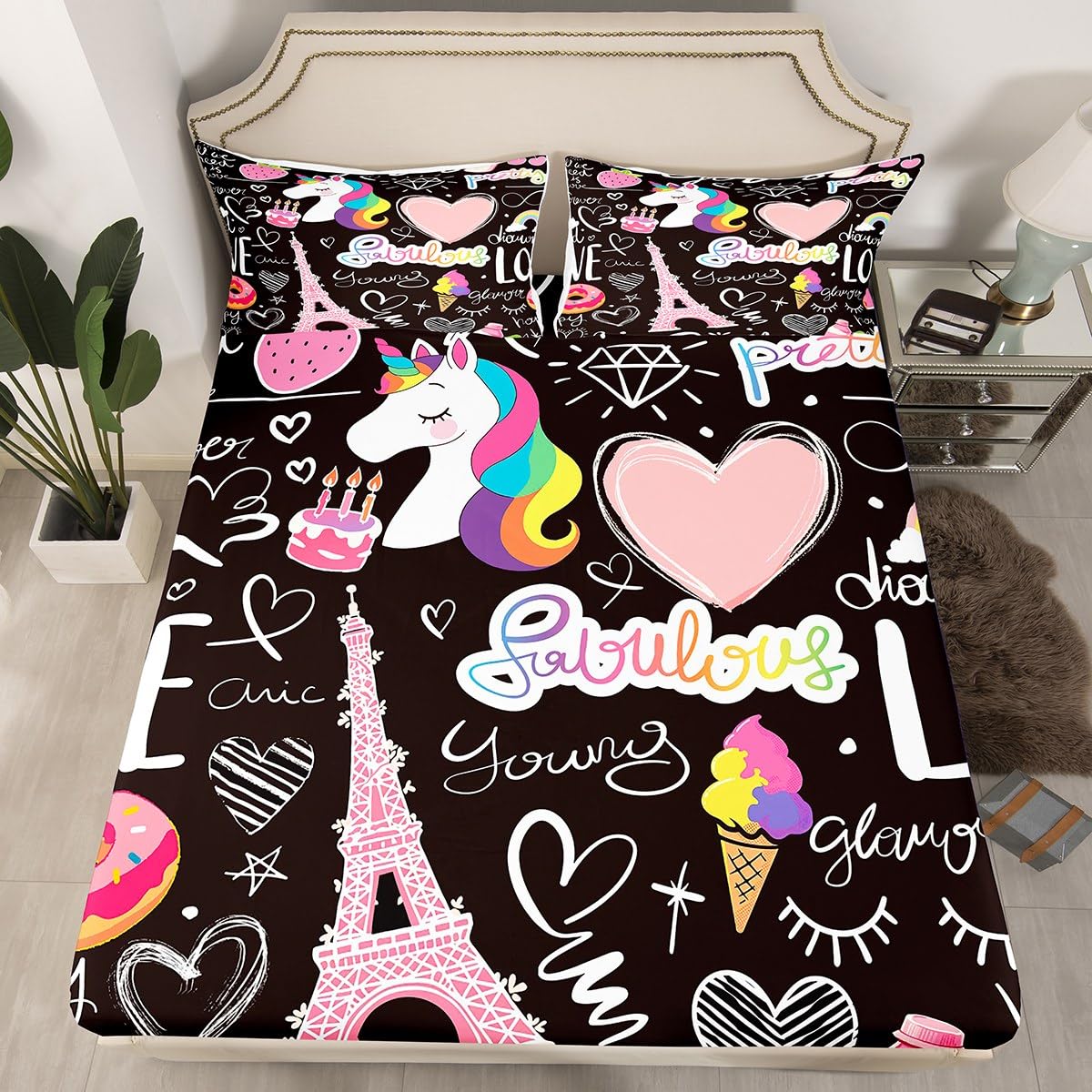 Manfei Kids Eiffel Tower Sheet Set Pink Love Strawberry Unicorn Decor Fitted Sheet Paris Tower Bedding Set 2pcs for Girls Soft Polyester Bed Sheets (1 Fitted Sheet + 1 Pillow Case) Twin Size