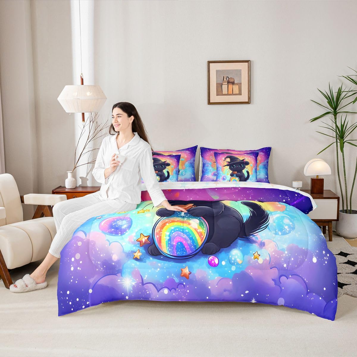 Feelyou Black Cat Comforter Set with Sheets 7 Piece Twin Size Cute Kitten Bed in a Bag Kids Boys Girls Rainbow Bedding Set Cute Animal Bedroom Decor Breathable Soft Lightweight Microfiber