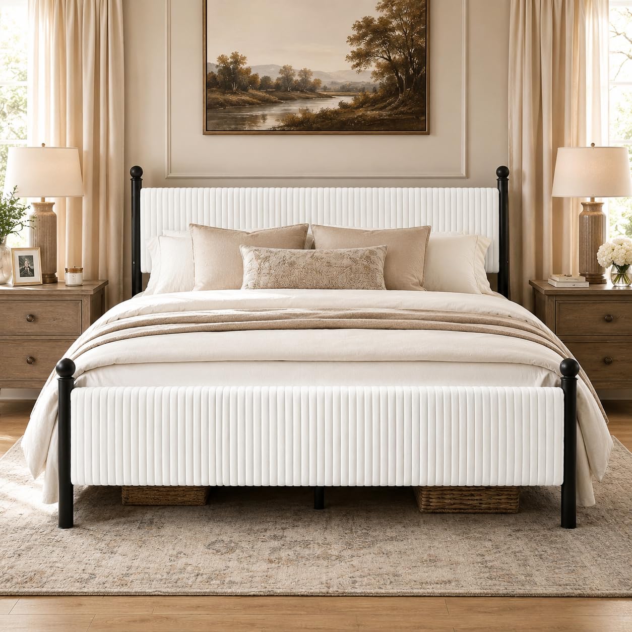 BarnFurin Full Size Bed Frame with Headboard, Upholstered Metal Platform Bed with Corduroy Velvet and Wooden Slats, Sturdy Noise-Free Design, Easy Assembly, No Box Spring Needed, White