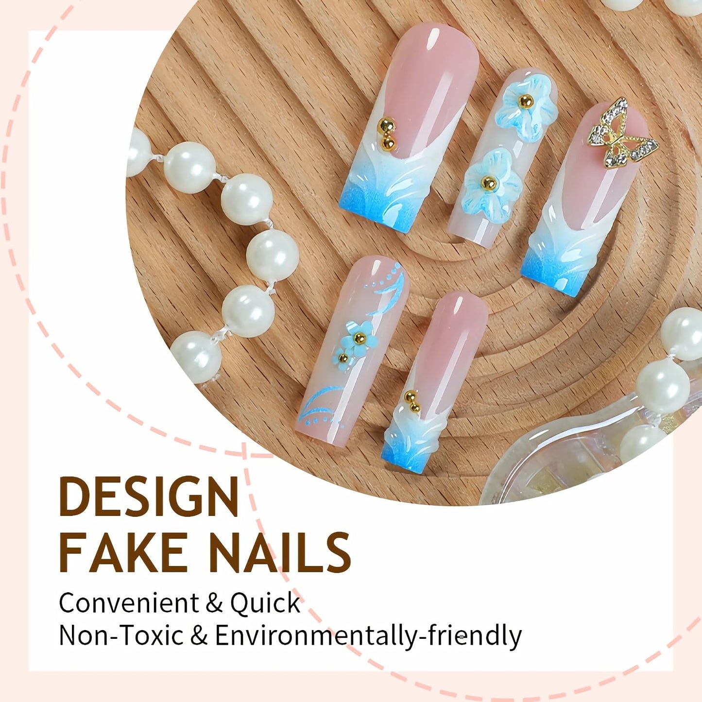 BABALAL Press on Nails Long Square Fake Nails Blue French Tip Glue ons 3D Texture Water Ripple Handmade Design with Butterfly Charm Supplies Art 24Pcs XL Full Cover Acrylic False Nails