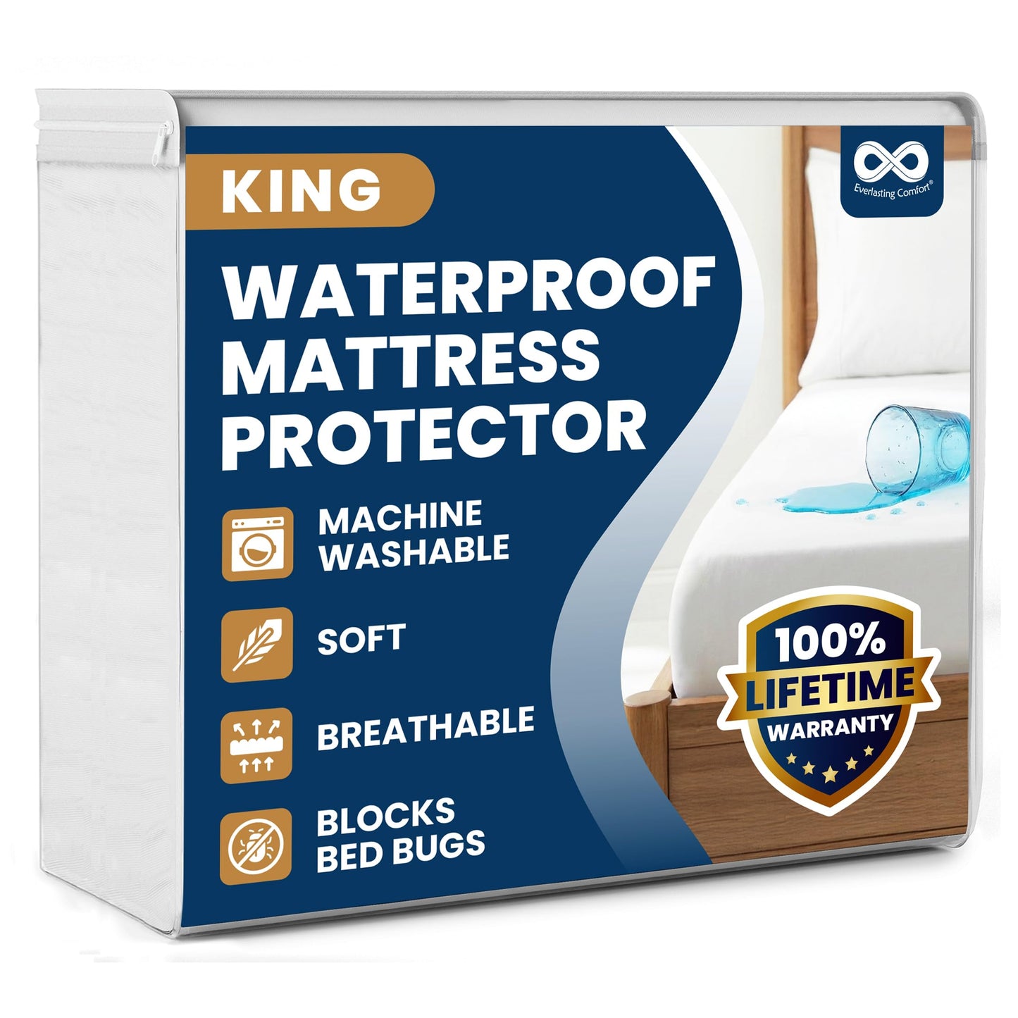 Everlasting Comfort Premium King Size Mattress Protector - Waterproof & Hypoallergenic, Noiseless Design, Washable Cover, 18" Deep Pocket, Bed Bug & Dust Mite Proof Cover for Sleep Hygiene