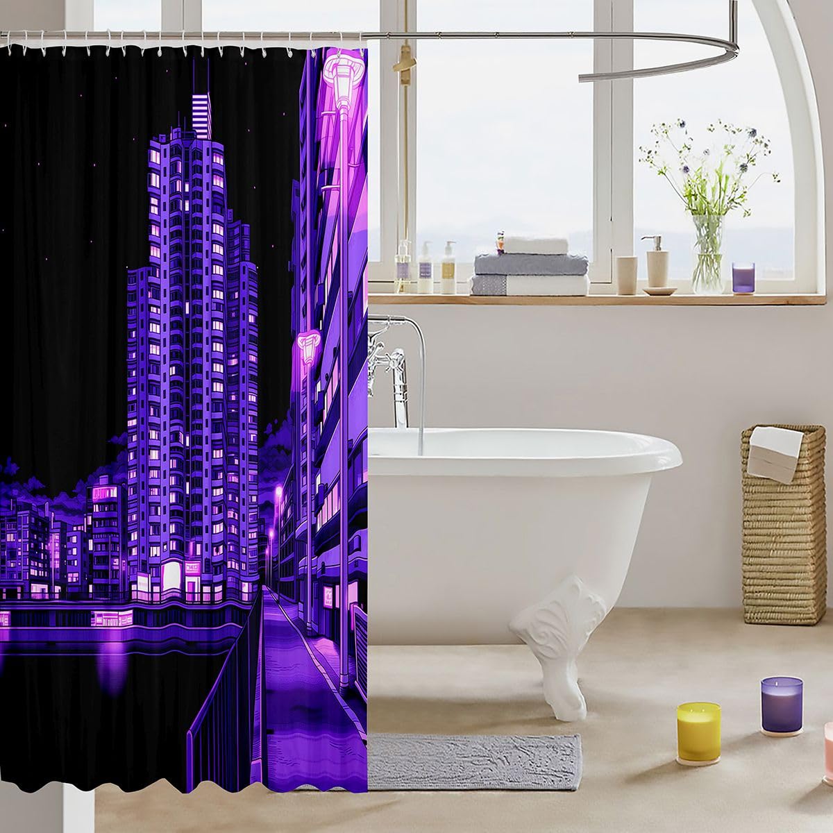 jejeloiu Tokyo Street Shower Curtain for Bathroom Decor Purple Japanese Night Bath Curtain for Stalls Bathtubs Japanese Style Bathroom Accessories Waterproof Polyester Fabric with 12 Hooks 72"x84"