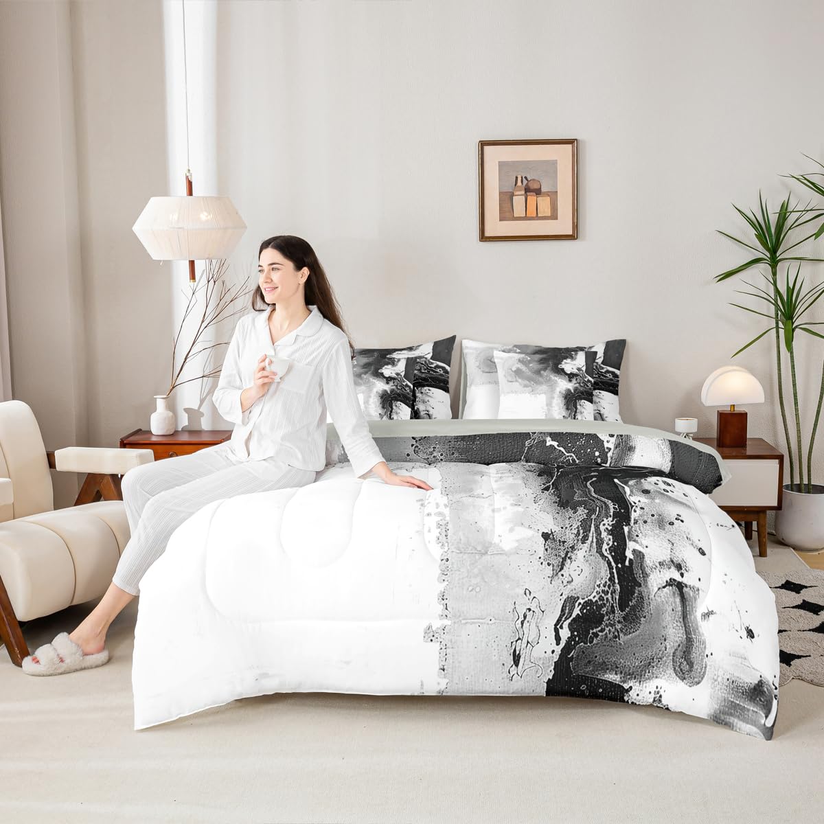 Feelyou Abstract King Comforter Set with Sheets for Kids Boys Girls Modern Abstract Art 7 Pieces Bedding Set Luxury Bed in a Bag Geometric Room Decor White Gray Soft Lightweight Microfiber