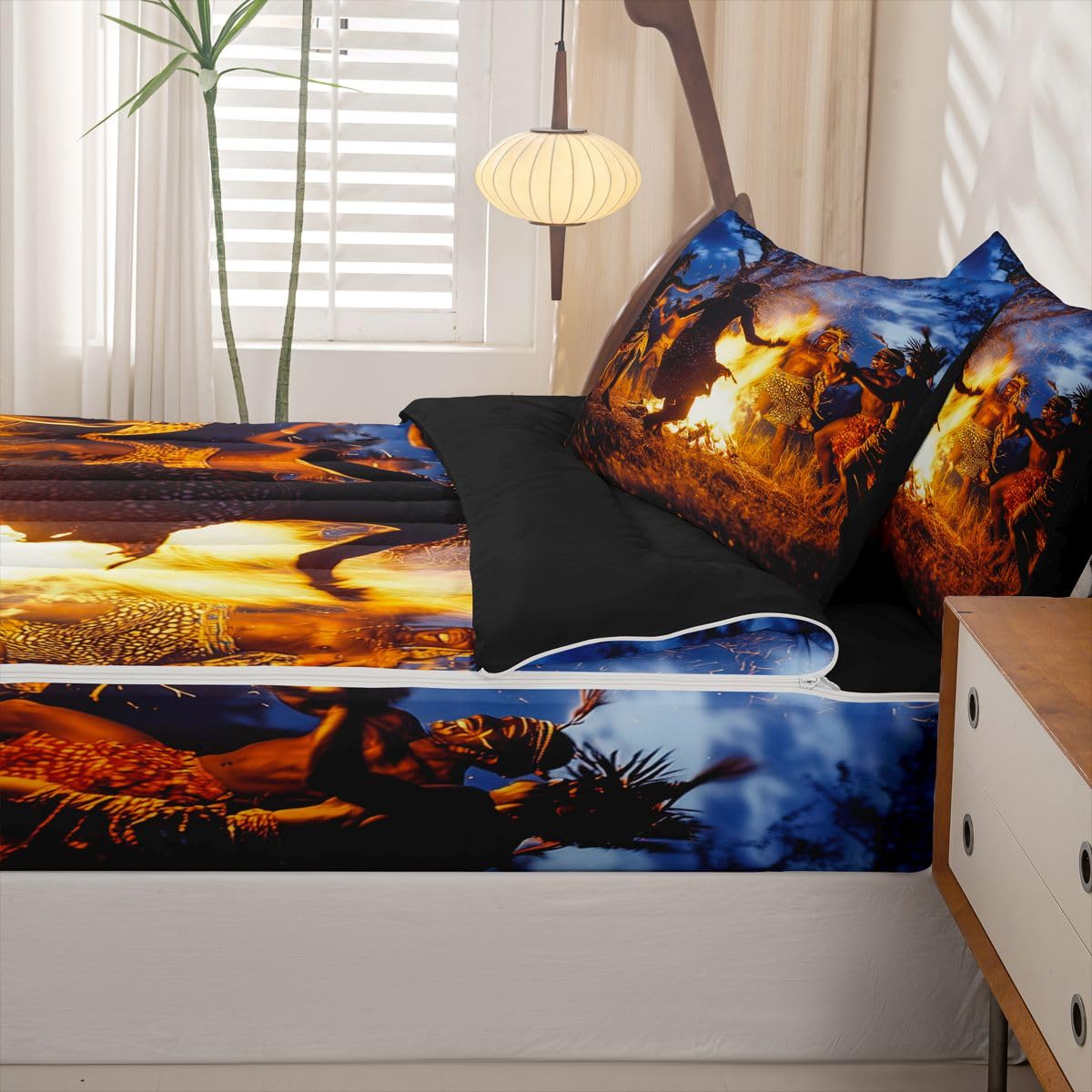 Erosebridal Black Men Zippered Comforter Set African Zipper Bedding Set Twin Size Boho Aztec Bed in a Bag Tribal Exotic Comforter with Sheets