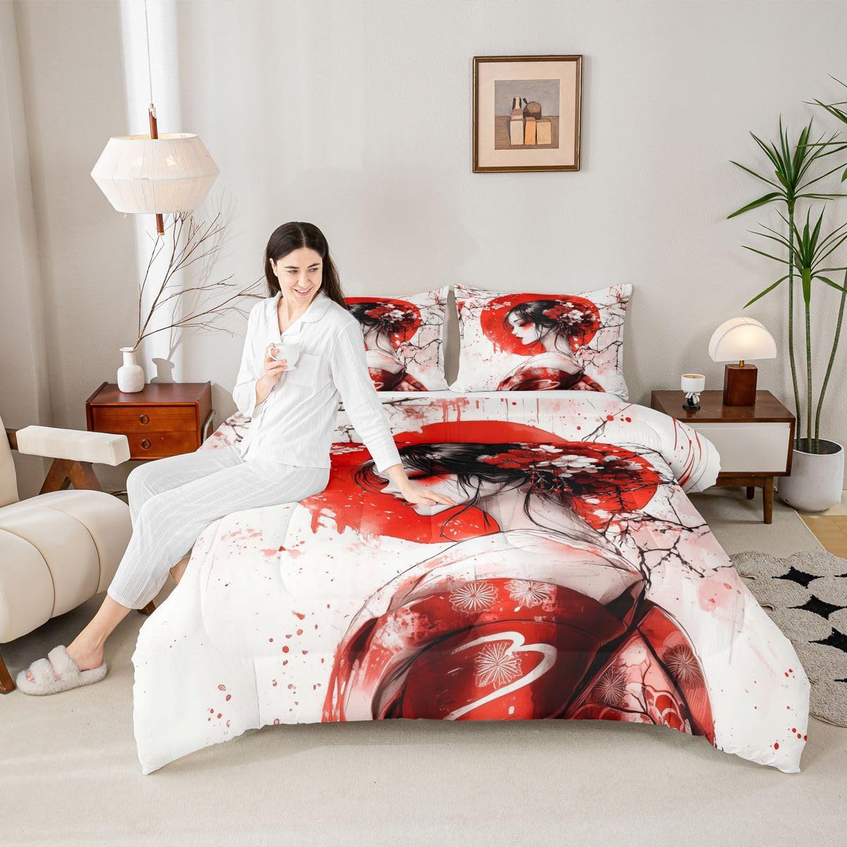 jejeloiu Japanese Geisha Comforter Set All Season Japanese Ukiyoe Bedding Set with 2 Pillow Cases Cherry Blossom Microfiber Kids Queen Bedclothes Red Sun Bedroom Decor Duvet Quilt Breathable Soft