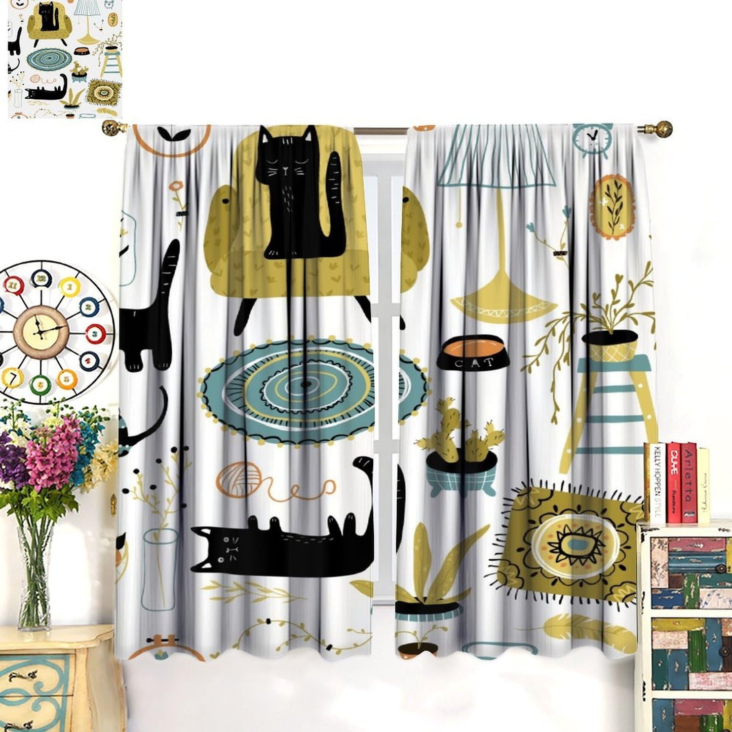 ACOOLTD Cartoon Curtains Rustic Black Kitty Home Ambiance Cute Patterns Furniture Blackout Window Treatment for Kids Bedroom Kitchen Cafe Home Decor Drapes，2 Panels 42" W X 45" L