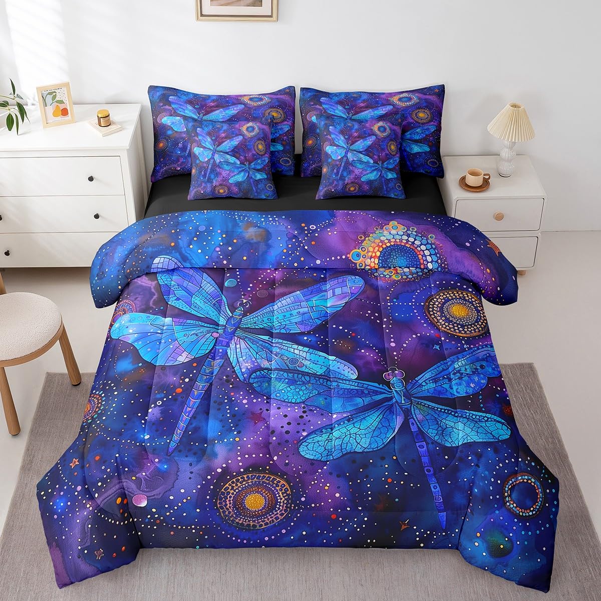 Erosebridal Boho Dragonfly Comforter Set Queen,Trippy Flying Wildlife Bedding Set 7Pcs,Bohemian Tribal Mandala Bed in a Bag for Kids Girls Women,Blue Purple Starry Sky Quilt