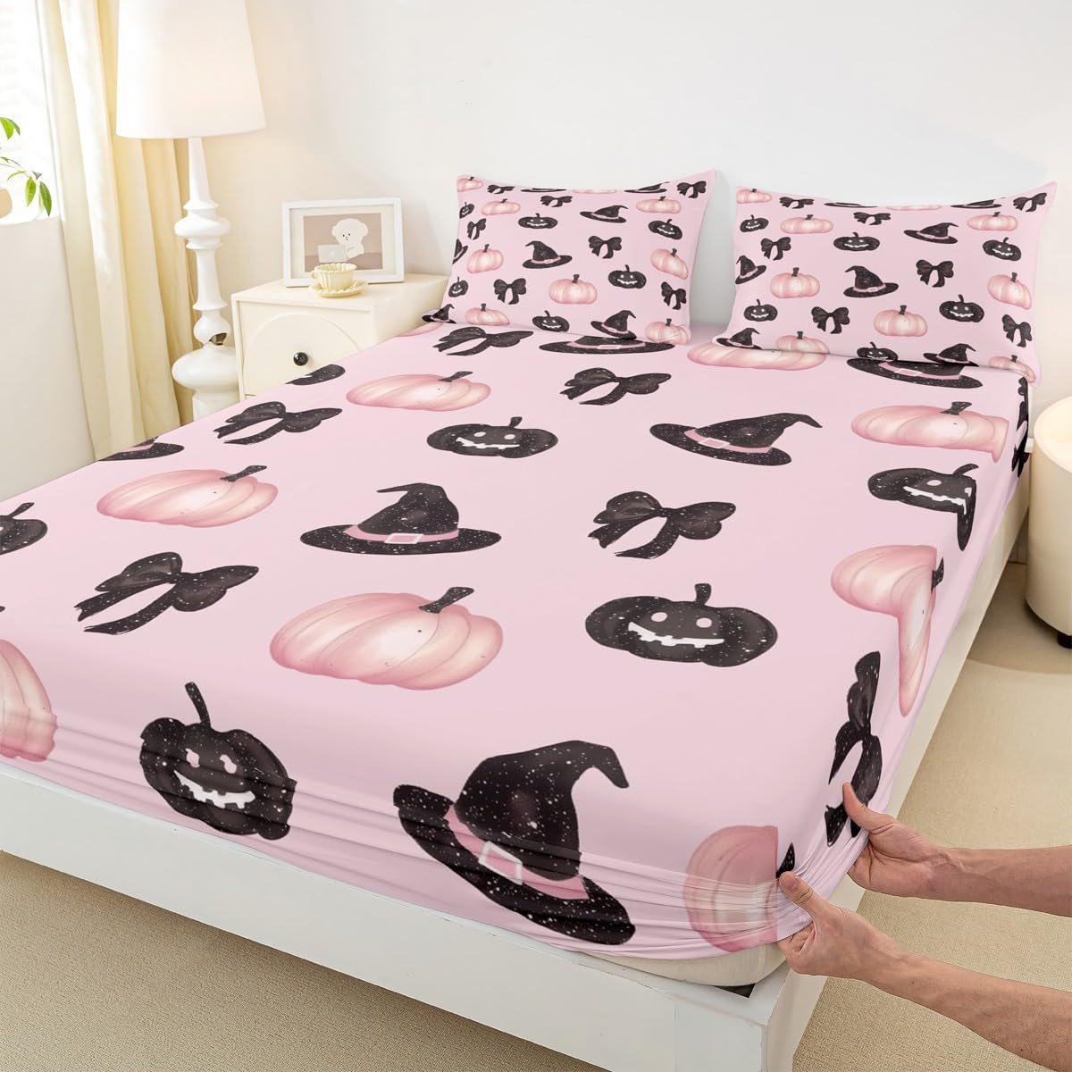 Feelyou Pink Halloween Fitted Sheet Full Size for Kids Boys Girls Black Bowknot Bed Sheets Set 16" Deep Pocket Microfiber Halloween Decor Bedding with 2 Pillowcases Trick or Treat Room Decor