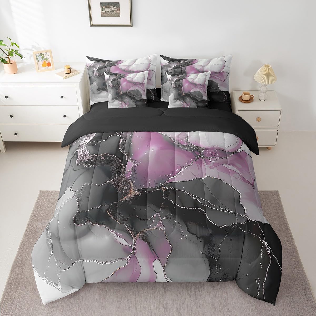 7 Pieces Girls Black and Pink Bedding Comforter Sets Modern Marble Bed in a Bag, Gold Metallic Full Bedding Sets Chic Foil Print Comforter Set, Abstract Mountain Fluid Bedding Sets & Collections