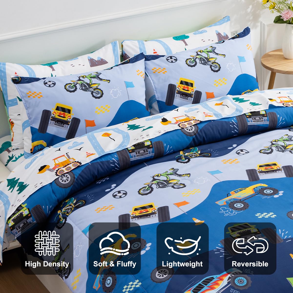 Holawakaka Trucks Tractors Cars Boys 5-Piece Bedding Comforter Sheet Set,Twin Size Cartoon Construction Car Excavator Print Kids Bed in A Bag, Excavator Mixer Truck Printed Bed Sets(Light Blue Twin)