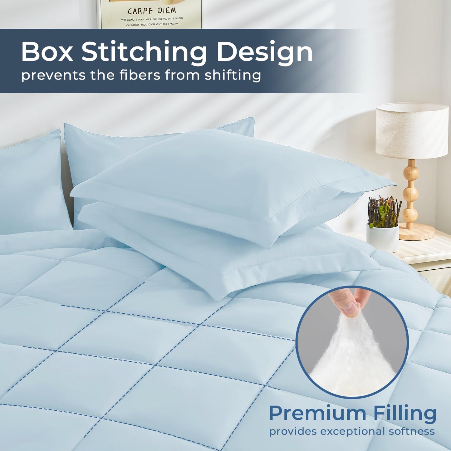 HEVUMYI Queen Comforter Set - 7-Piece All Season Bed in a Bag Queen, Ultra Soft Bedding Set with Comforter, Flat Sheet, Fitted Sheet, Pillowcases, Pillow Shams, Greyish Blue