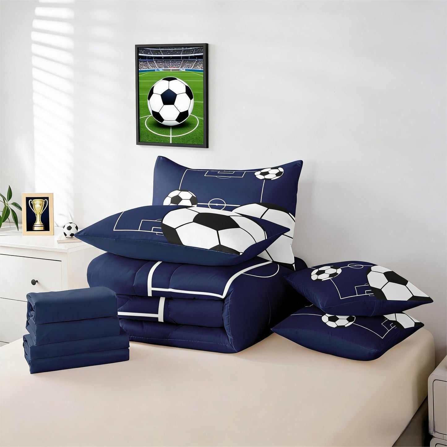Erosebridal Football Bedding Set Full Size 7 Pieces Boys Sports Theme for Teens Soccer Ball Pattern Bed in a Bag Football Court Comforter Set with Sheets Playground Blue White for Kids Girls