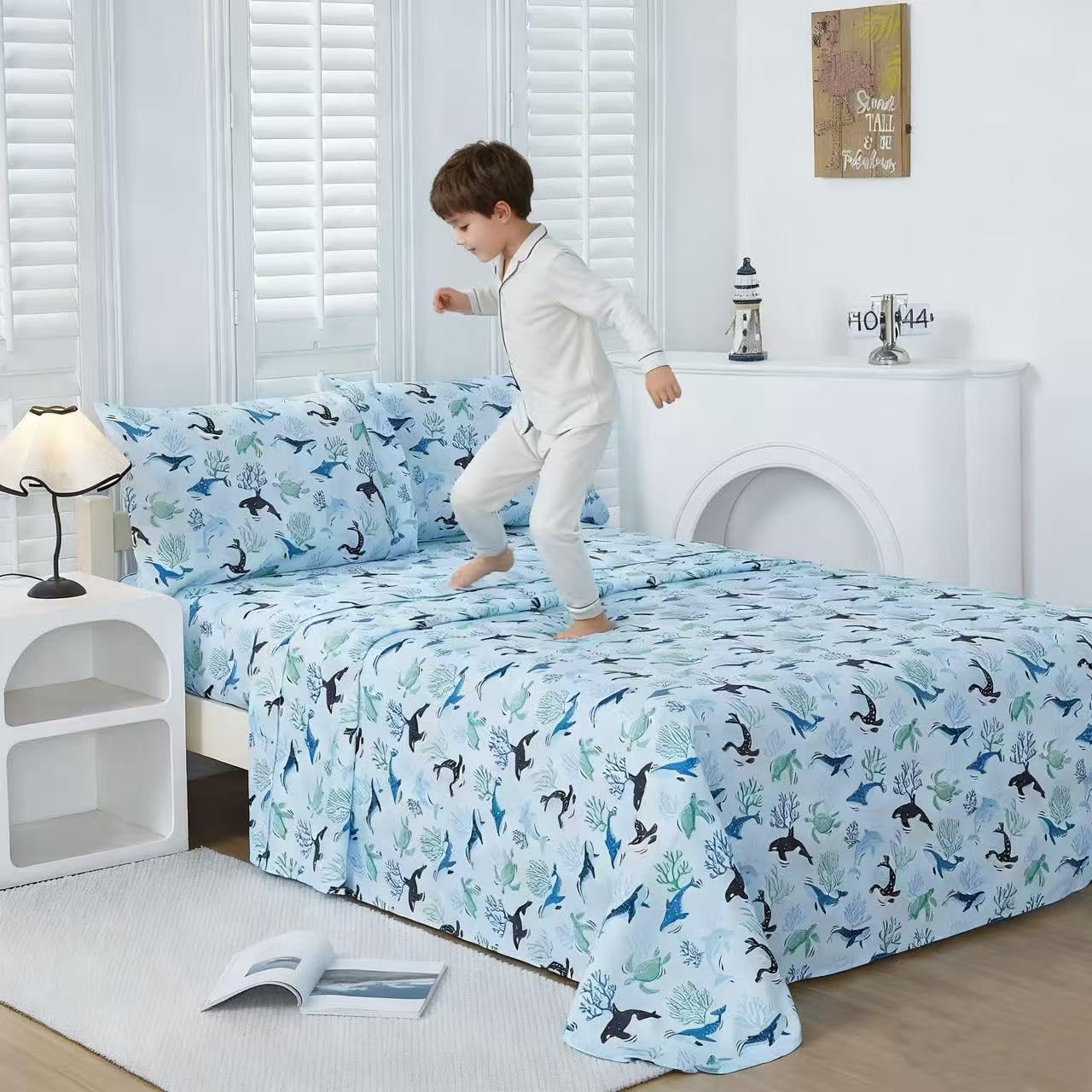 Viviland 3 Pieces Boys Blue Ocean Twin Sheet Set - Soft Microfiber Fitted Flat Sheets & Pillowcase - Blue Ocean Whales, Sea Turtles, Marine Organisms Bedding Sets - for Kids & Toddlers