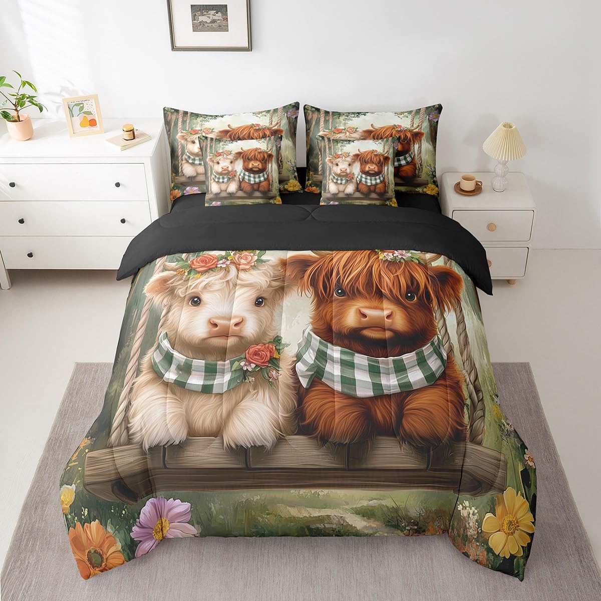 Erosebridal 7Pcs Highland Cow Kids Bedding Set for Boys,King Size Comforter Set with Sheets and Pillowcase,7Pcs Bed in a Bag,Western Cow Children Bed Set, Farmhouse Animal Comforter