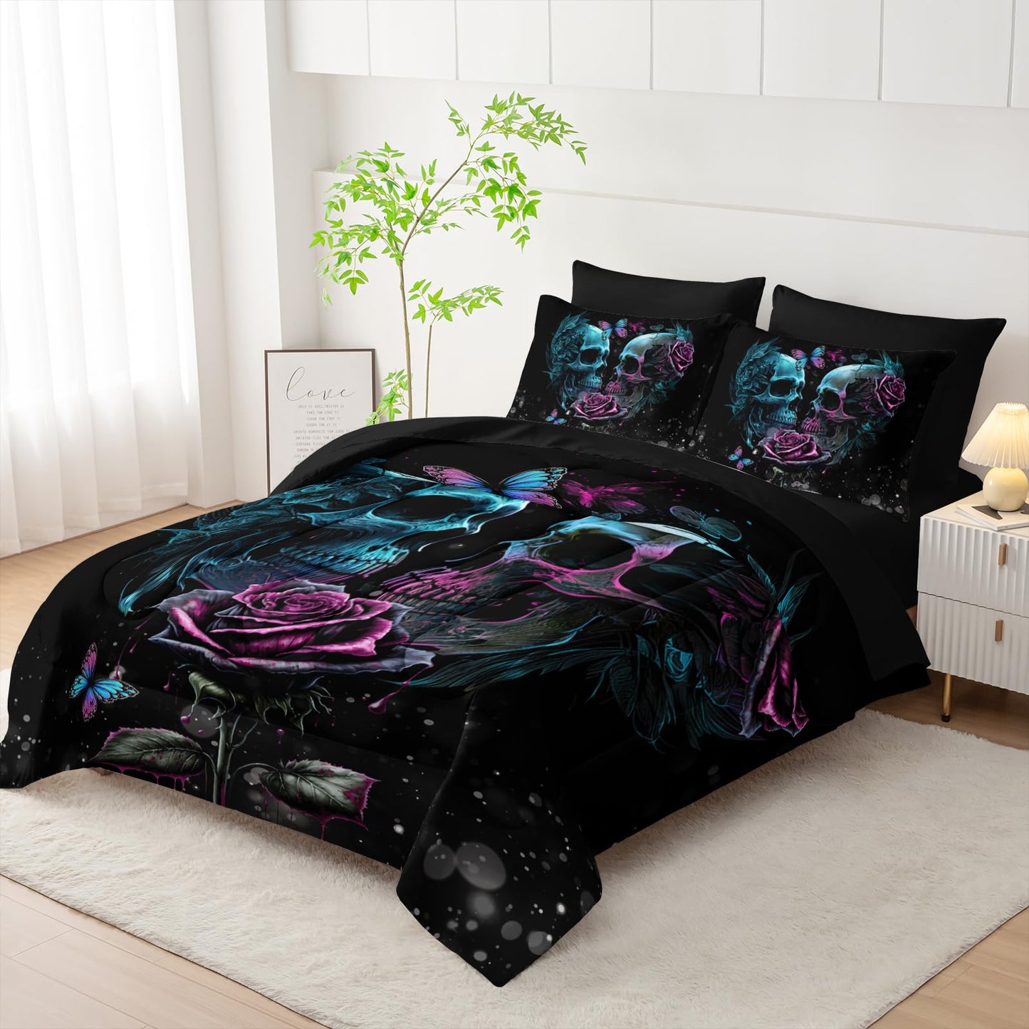 AILONEN Sugar Skull Comforter Set Twin Size,7-Piece Soft Bed in a Bag,Rose Skull Couple Black Comforter & Fitted Sheet & Flat Sheet & 2 Pillowcases,2 Pillow Shams for Bedroom