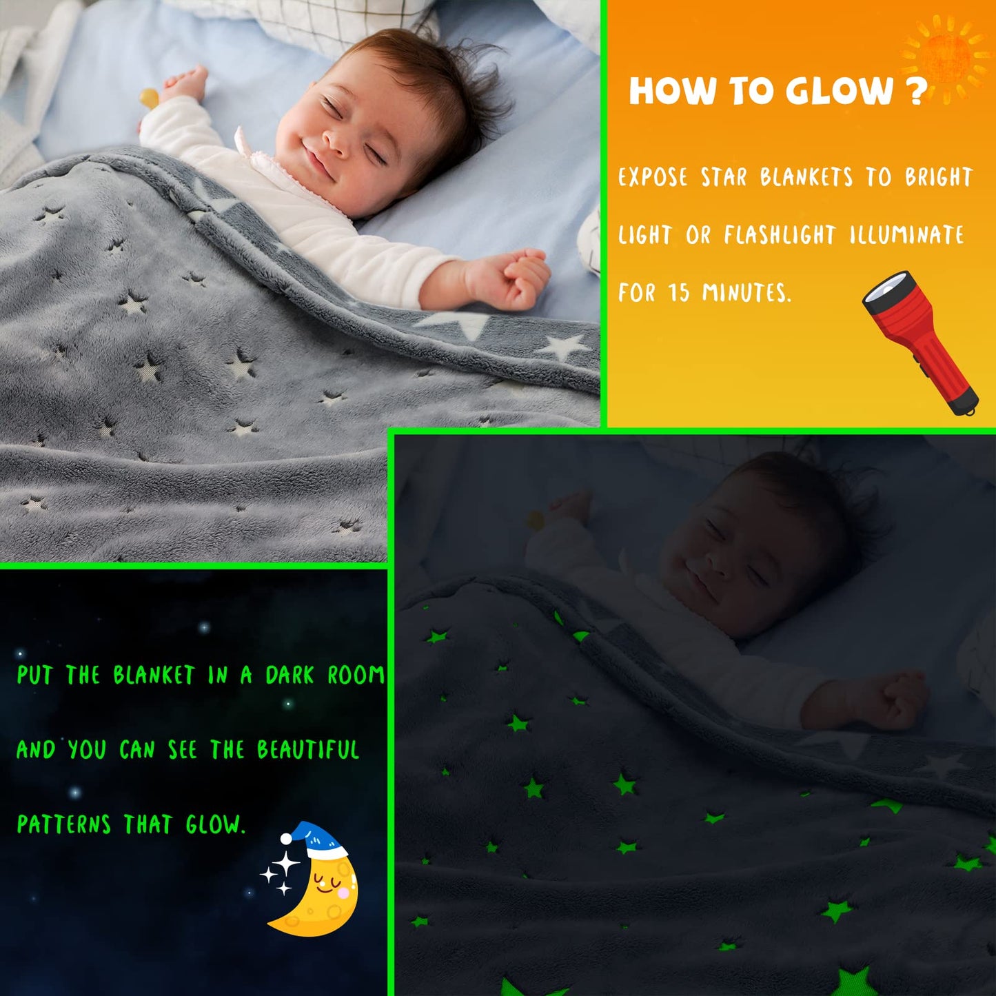 REXEO Glow in The Dark Star Space Blanket for Kids, Grey Cute Galaxy Throw for Boys Girls, Soft Flannel Toddler Blanket, Bedroom Room Decor, Birthday Gifts, 50" x 60"