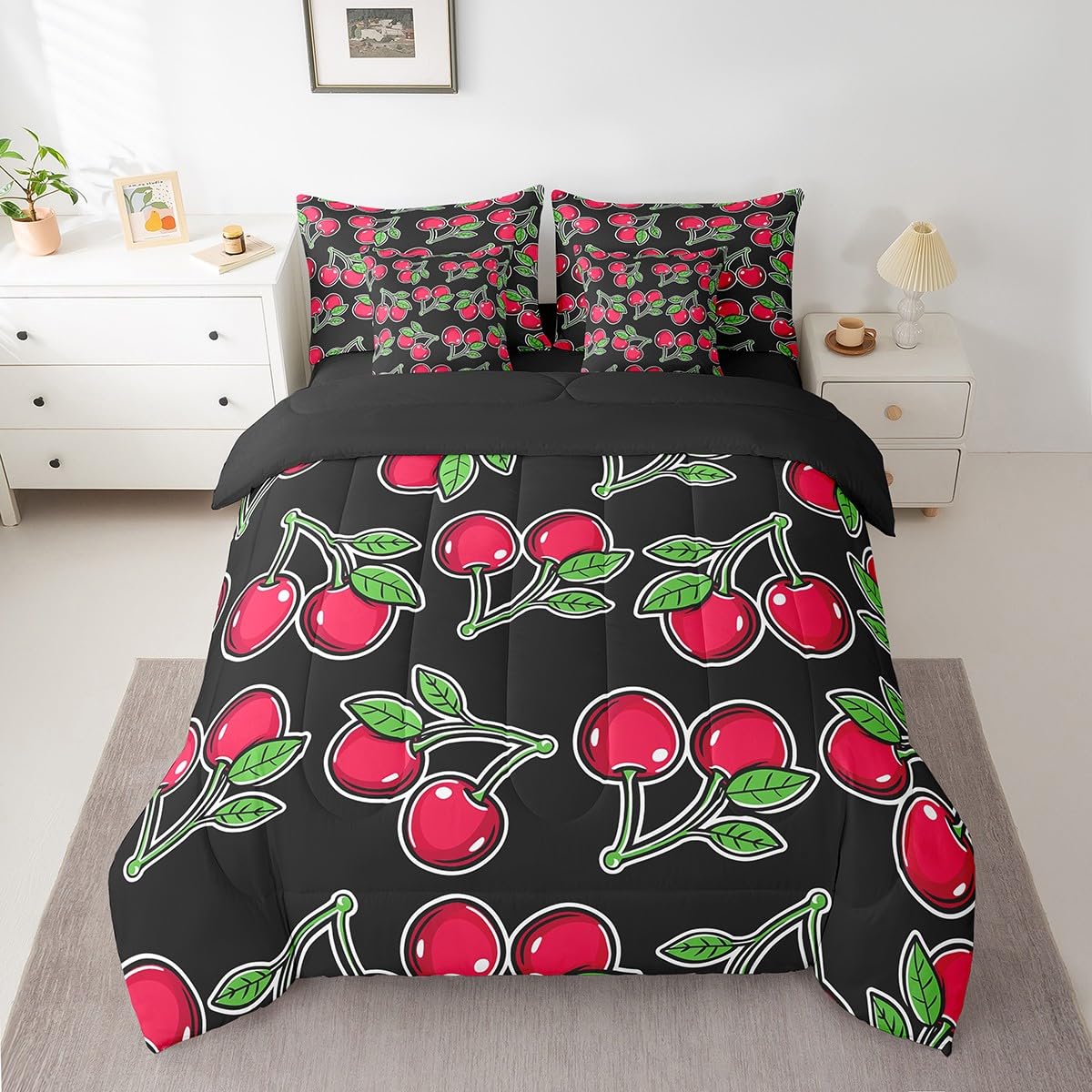 Erosebridal Cherry Comforter Set 7 Piece Bed in a Bag Twin,Kawaii Red Cherry Fruit Bedding Sets Novelty Tropical Food Comforter and Sheet Set,Botanical Leaf Green Plant Leaves Bed Set