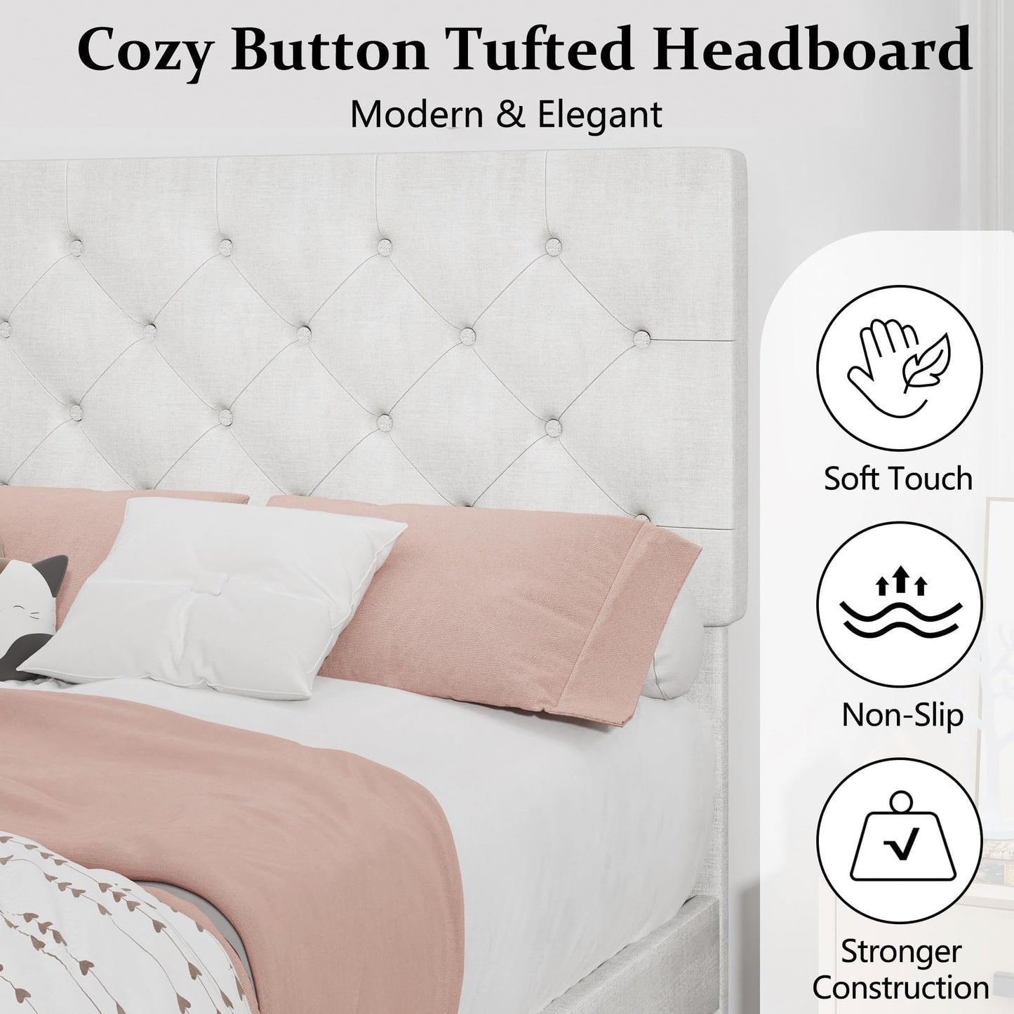 Lullabyre Twin Bed Frames for Kids, Upholstered Platform Bed Frame, Upholstered Bed Frame with Tufted Headboard, No Box Spring Needed, Easy Assemble, White