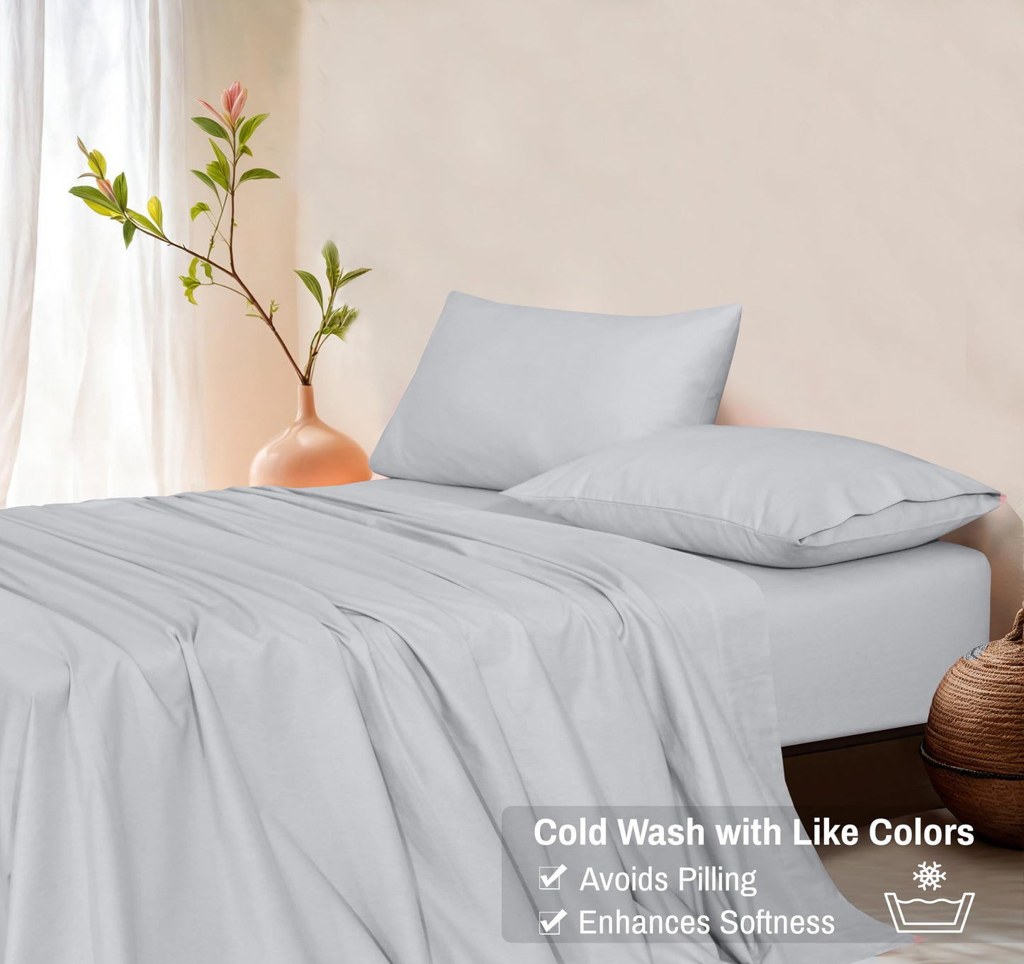 RUVANTI Flannel Sheets Queen Size - GOTS Certified 100% Organic Cotton, 4 Piece Warm, Soft & Breathable Set, Deep Pocket Snug Fit, Double Brushed Cozy All Season Bedding, Light Grey