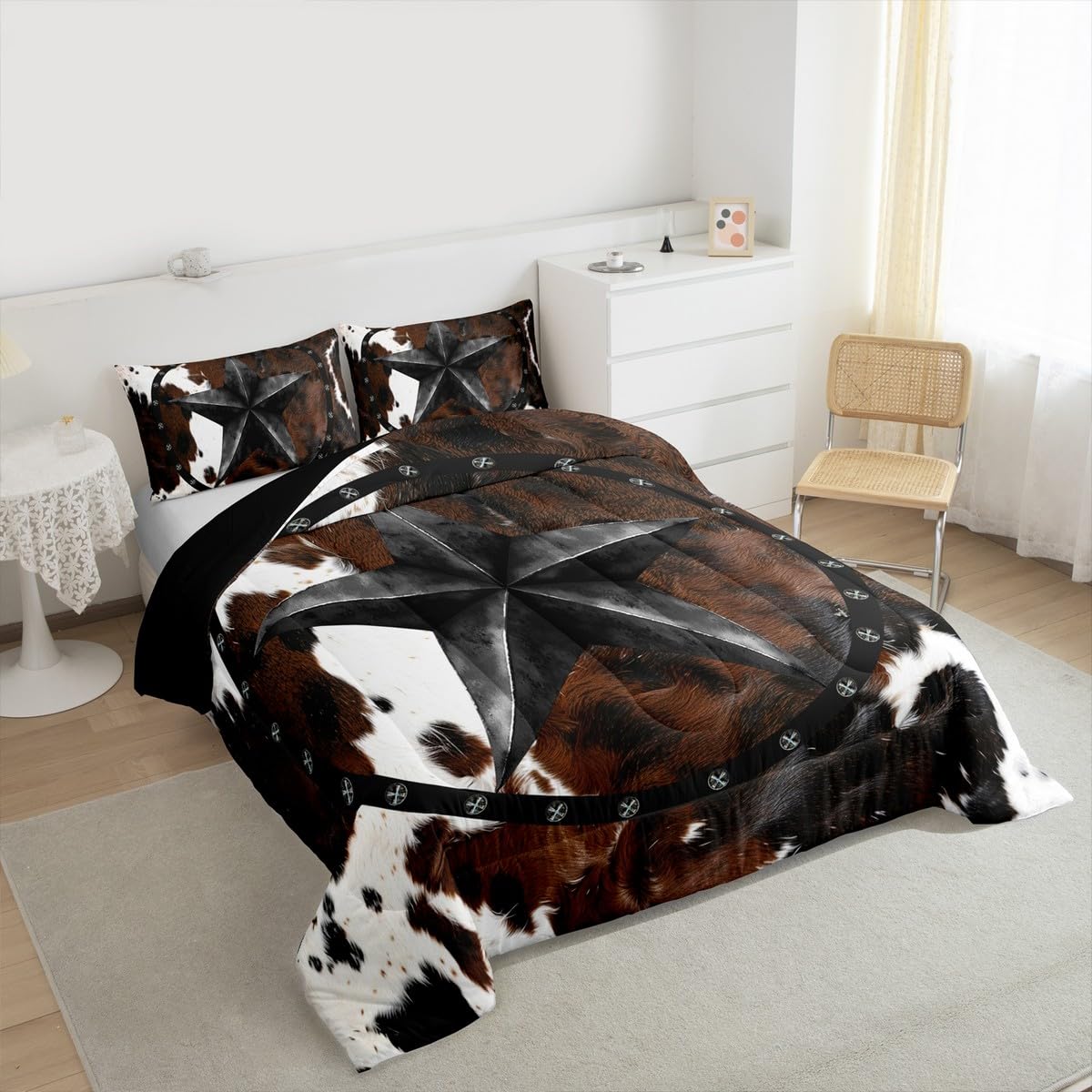 jejeloiu Texas Star Bedding Set Soft for Boys Girls, Western Cowhide Comforter Set Queen Size Farmhouse Rustic Duvet Quilt Microfiber Cow Fur Print Bedroom Decor 3 Pcs with 2 Pillow Cases
