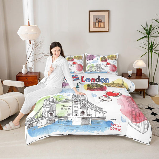 London Travel Kids Comforter Set Queen Size,Telephone Booth Big Ben Watercolor Bedding Set,Boys Girls Adults Room Decor,Famous Urban Architecture Down Comforter,Romantic Duvet Insert,2 Pillowcases