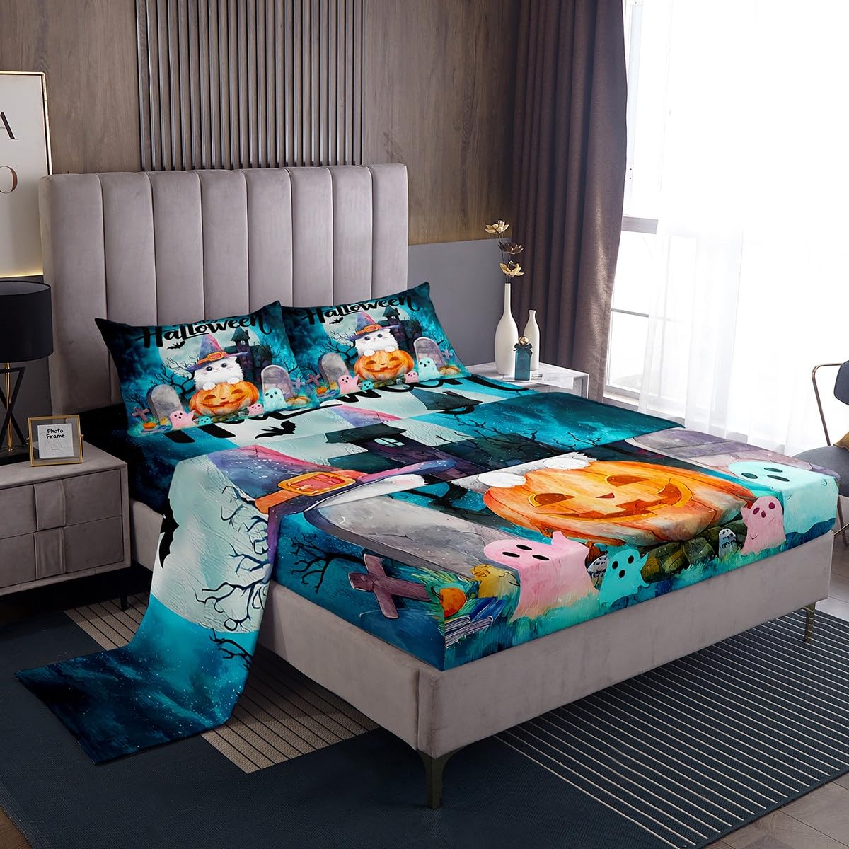 jejeloiu Kids Halloween Decor Bed Sheets Sets Queen Size Kids Boys Girls White Cat Bedding Set Cute Ghost Bed Sheet Set with 16-Inch Deep Pockets Haunted Houses 4Pcs with 2 Pillow Cases