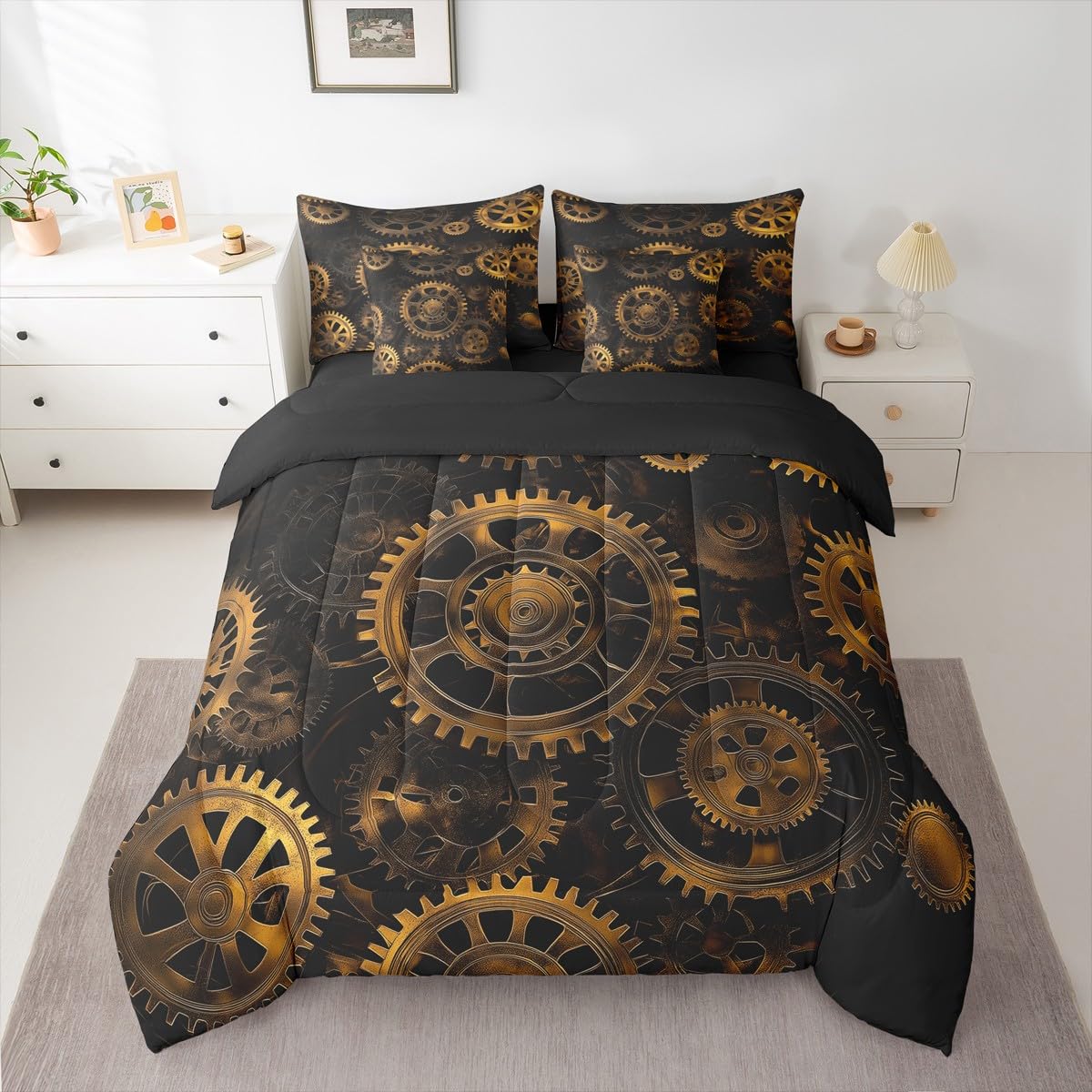 Erosebridal Golden Ndustrial Gear King Comforter Set, Steampunk Style 7-Piece Bed in A Bag, Clocks Theme Sheets and Pillowcases, Retro Mechanical Device Kids Adult Bed Sets