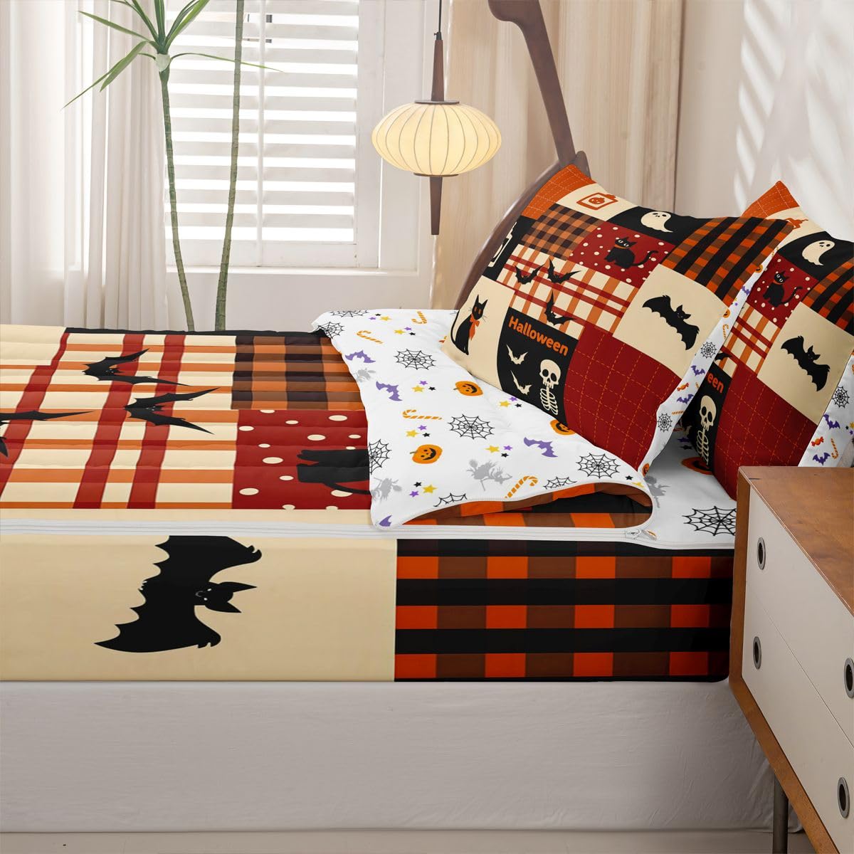 Feelyou Halloween Queen Zipper Bedding Set Pumpkin Kids Comforter Set with Fitted Sheet and 2 Pillowcases Brown Grid Patchwork Bed in a Bag Zip Up Bedding Soft Microfiber
