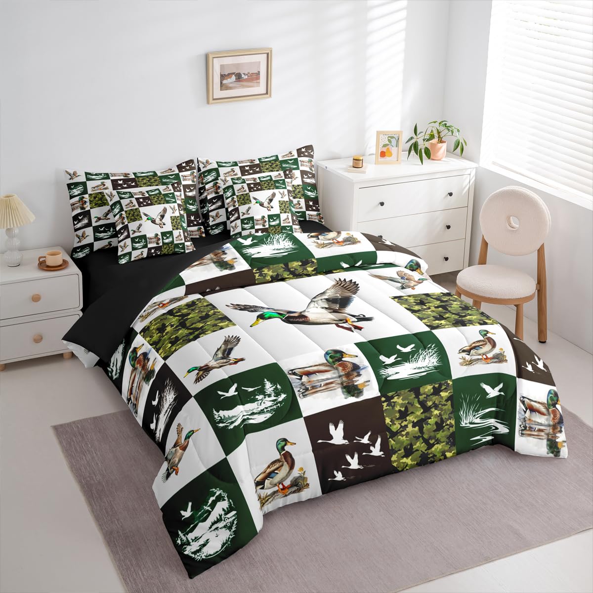 Erosebridal 7-Piece Mallard Duck Bedding Set Full Size for Kids - Camo Duck Comforter Set with Sheets Rustic Cabin Lodge Bed in A Bag with Flat Fitted Sheets Farmhouse Hunting and Fishing Quilt
