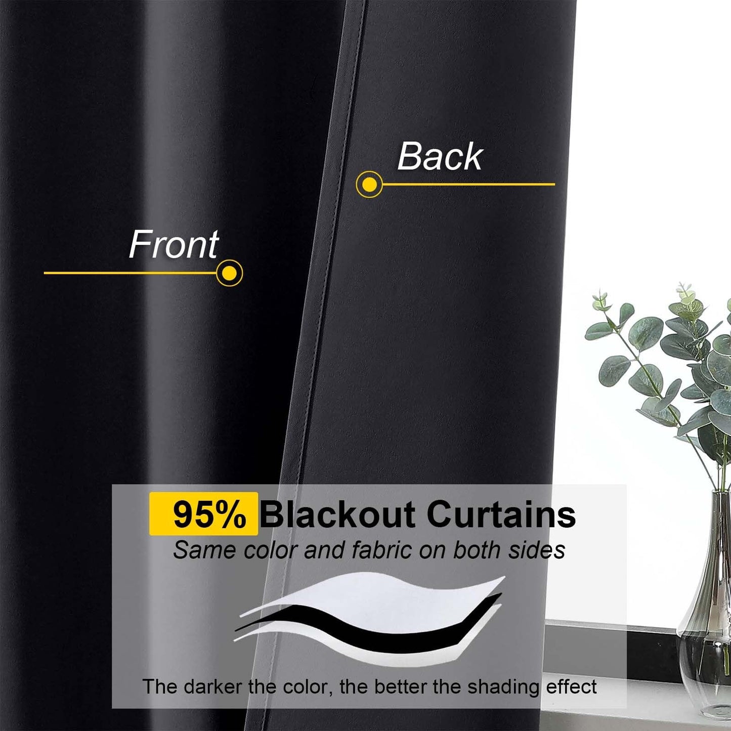 WelvetBLK Black Blackout Curtains for Bedroom Living Room 63 Inch Length 2 Panels Set, Soft Solid Room Darkening Thermal Insulated Window Treatments, Rod Pocket Dining Room Curtains, Black, 40"Wx63"L