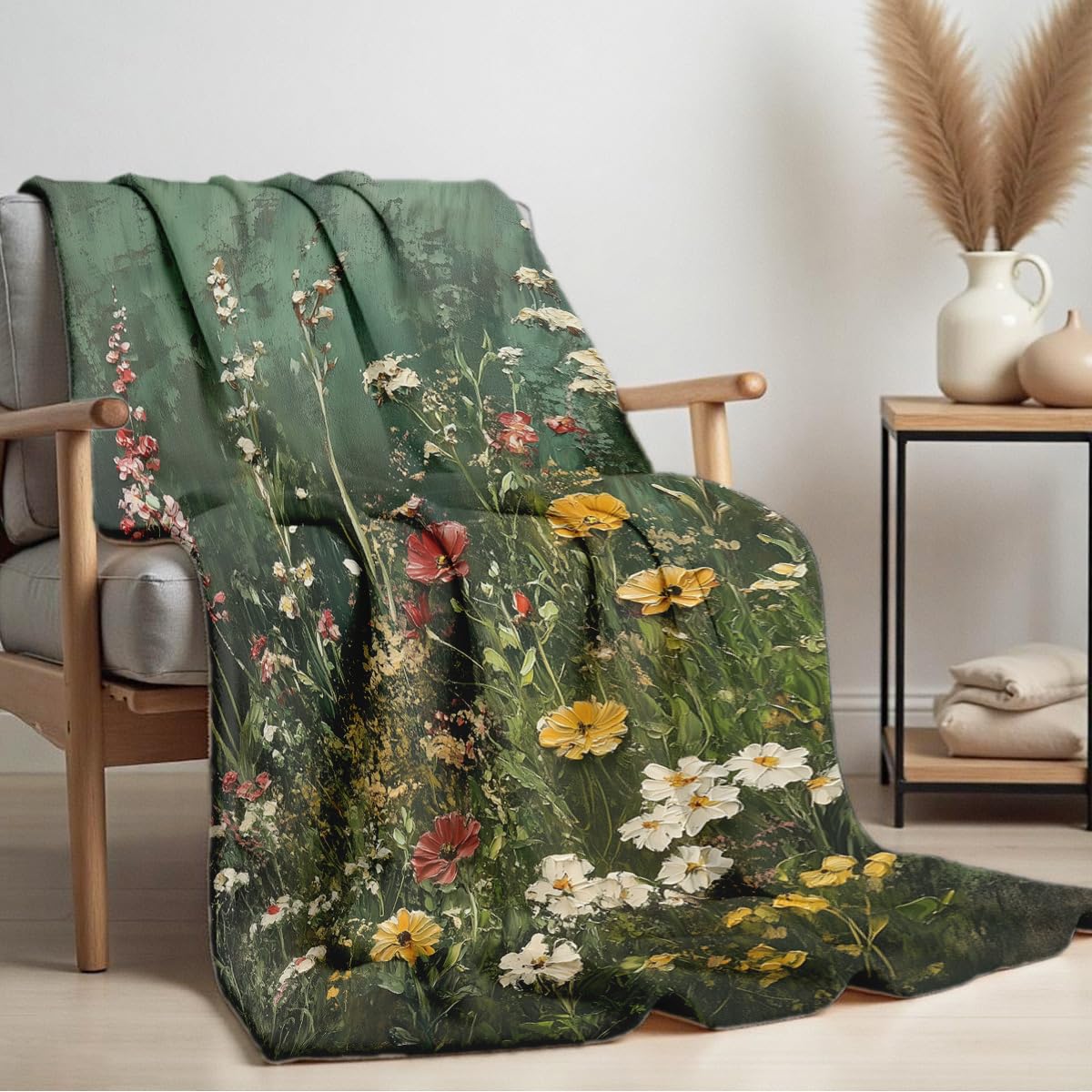 HUNXIAOJ Wildflower Print Blanket Flower Throw Blanket for Couch Bed Chair Soft Green Floral Flannel Throw Wildflower Decor Gifts (49"x59")