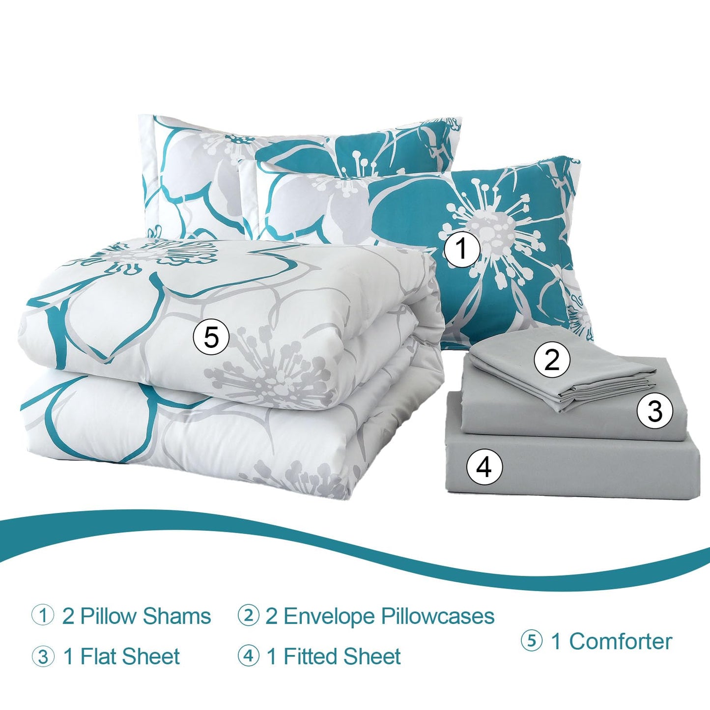 Anibedding Teal Floral Comforter Set Queen Size 7 Piece, Teal Blue Flower Bed in a Bag, Elegant Botanical Floral Comforter Soft Microfiber Complete Bedding Set for All Season, (Teal, 90"x90")