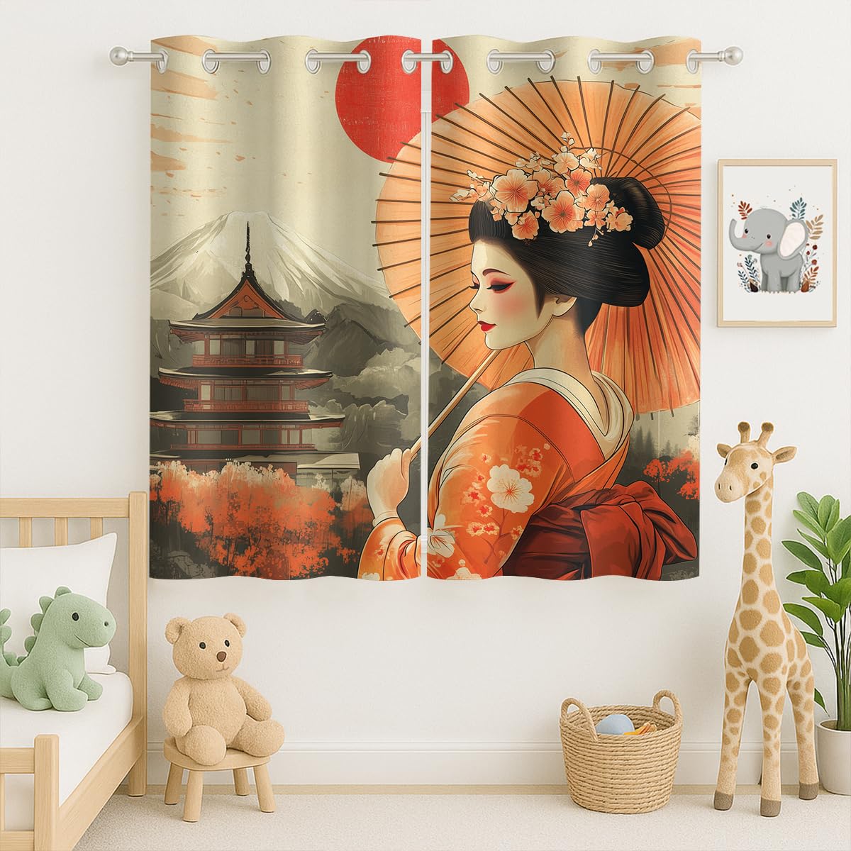 Czrouz Retro Geisha Curtain, Asian Japanese Style Women Sun Mount Fuji, Grommet Curtains for Vanity Corner or Compact Bedroom Window, 42 x 45 Inch, Thermal Insulated Darkening Drapes