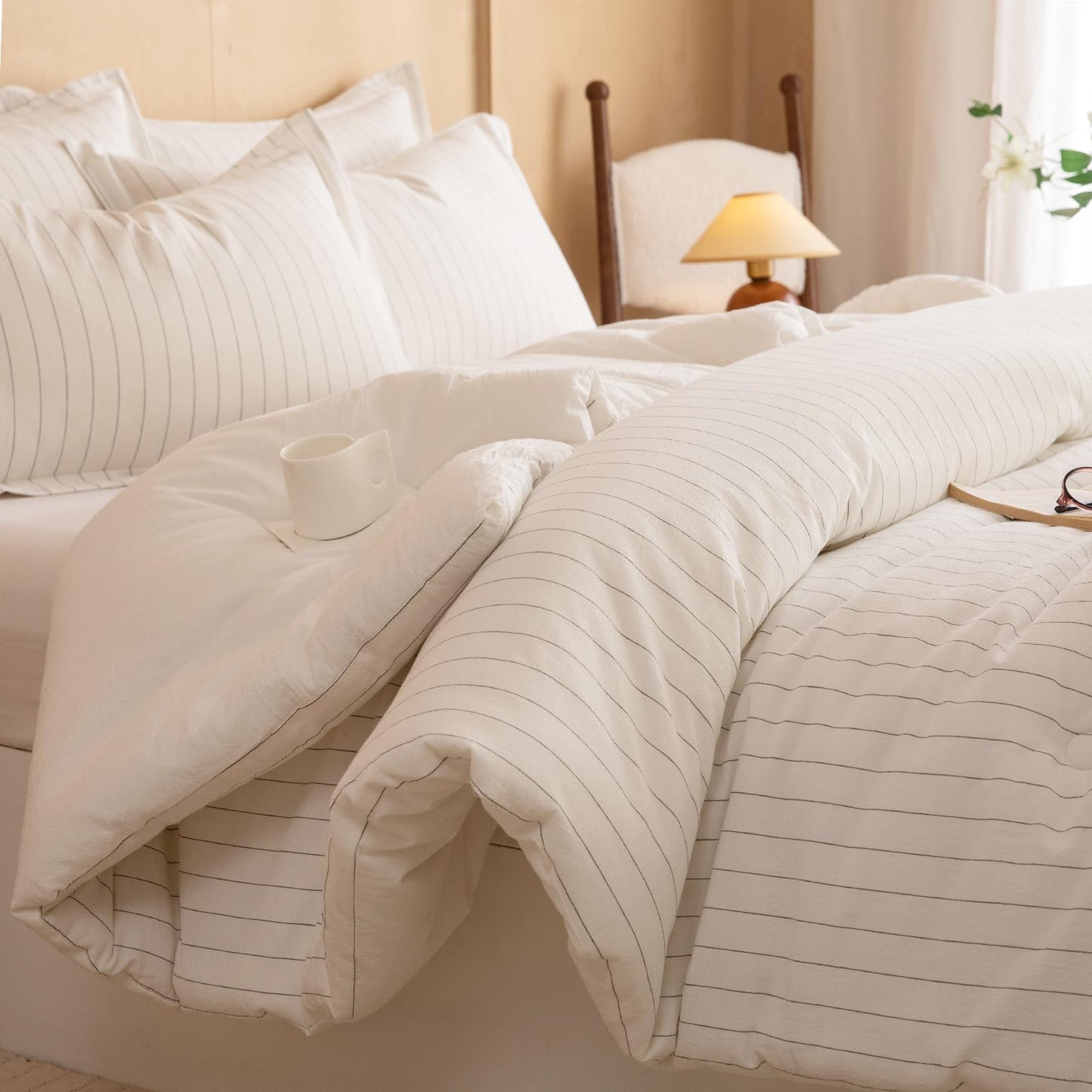 LLanCL Cotton Stripe Comforter Set Queen Size,100% Cotton Cover with Polyester Fill,Ultra Soft,Breathable,Lightweight Bedding for All Seasons,1 Comforter 90"x90" & 2 Pillow Shams 20"x26"(White)