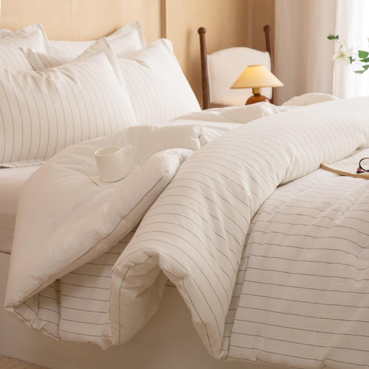 LLanCL Cotton Stripe Comforter Set Queen Size,100% Cotton Cover with Polyester Fill,Ultra Soft,Breathable,Lightweight Bedding for All Seasons,1 Comforter 90"x90" & 2 Pillow Shams 20"x26"(White)